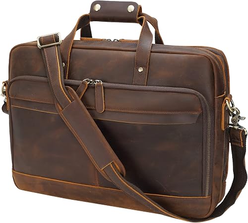 TIDING Leather Briefcase for Men 17 Inch Laptop Bag Large Business Satchel Vintage Genuine Leather Mens Handbag Shoulder Messenger Bags Gifts for Men's Work, Office, School, College, Travel, Brown-002