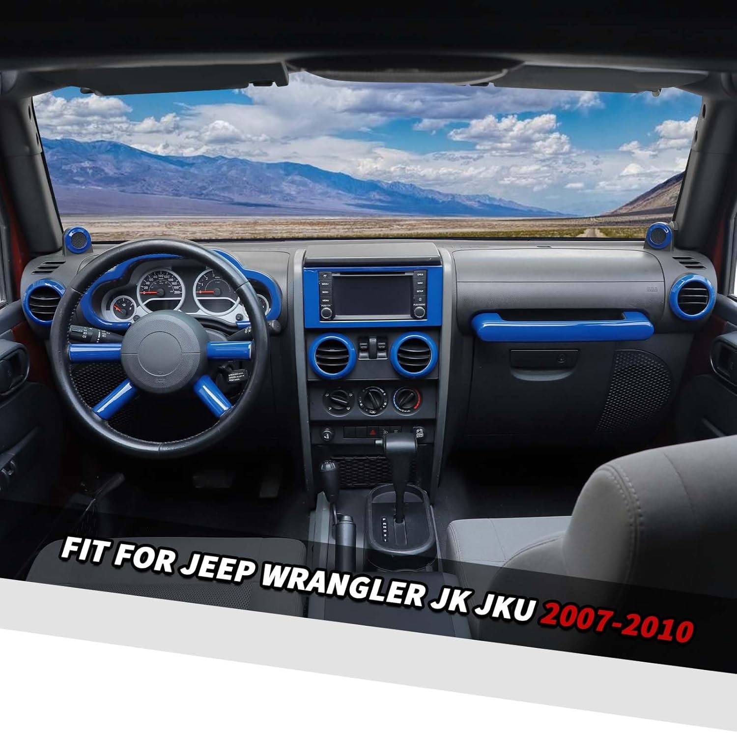Jimen Fit for Wrangler JK JKU 2007-2010, 13PCS Blue Interior Kits - Dashboard Cover, Air Vent Cover, Passenger Dash Handle Cover, Radio Panel Trim, A Pillar Speaker Cover (Blue)