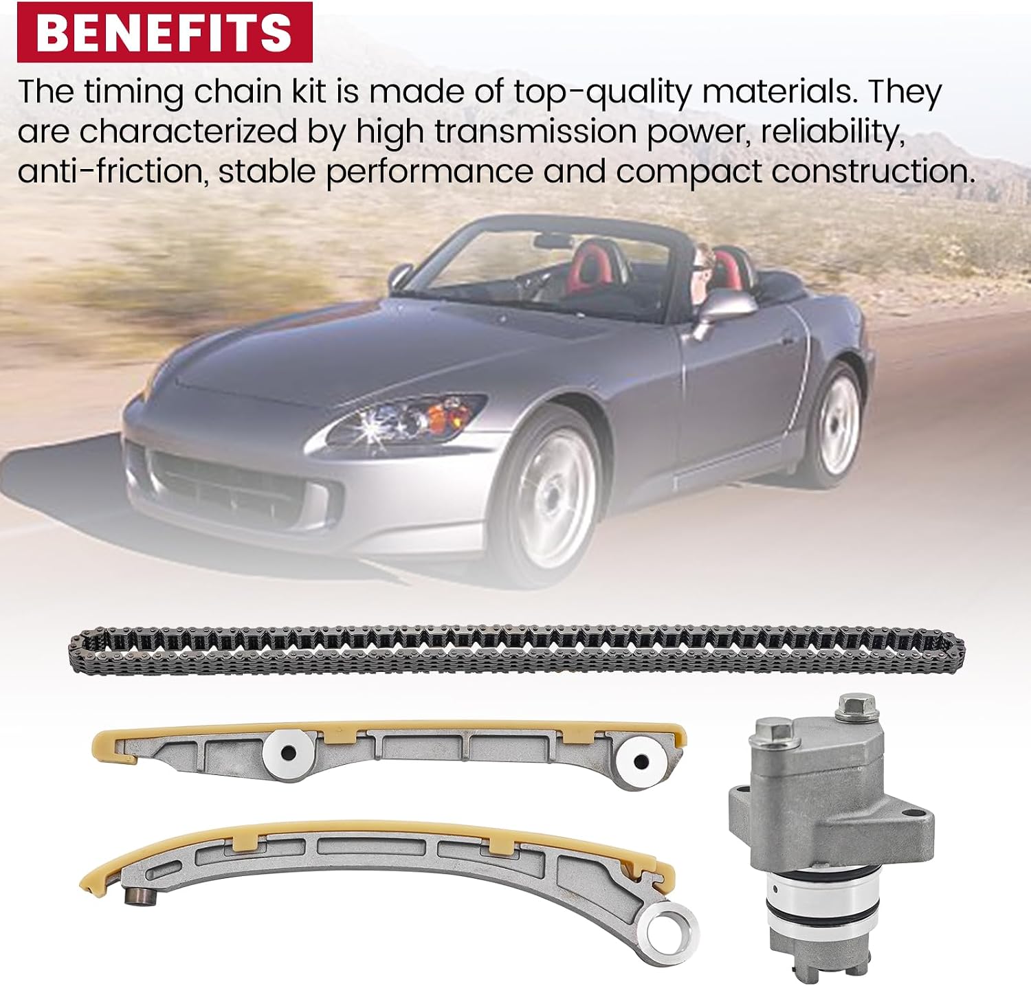 4PCS Engine Timing Chain Kit w/Tensioner Arm Guide Timing Chain fits for Honda S2000 AP1 AP2 F20C F22C 2000-2003 2.0L 2004-2009 Replace# 14520-PCX-003 14530-PCX-004 14401-PCX-004 14510-PCX-005