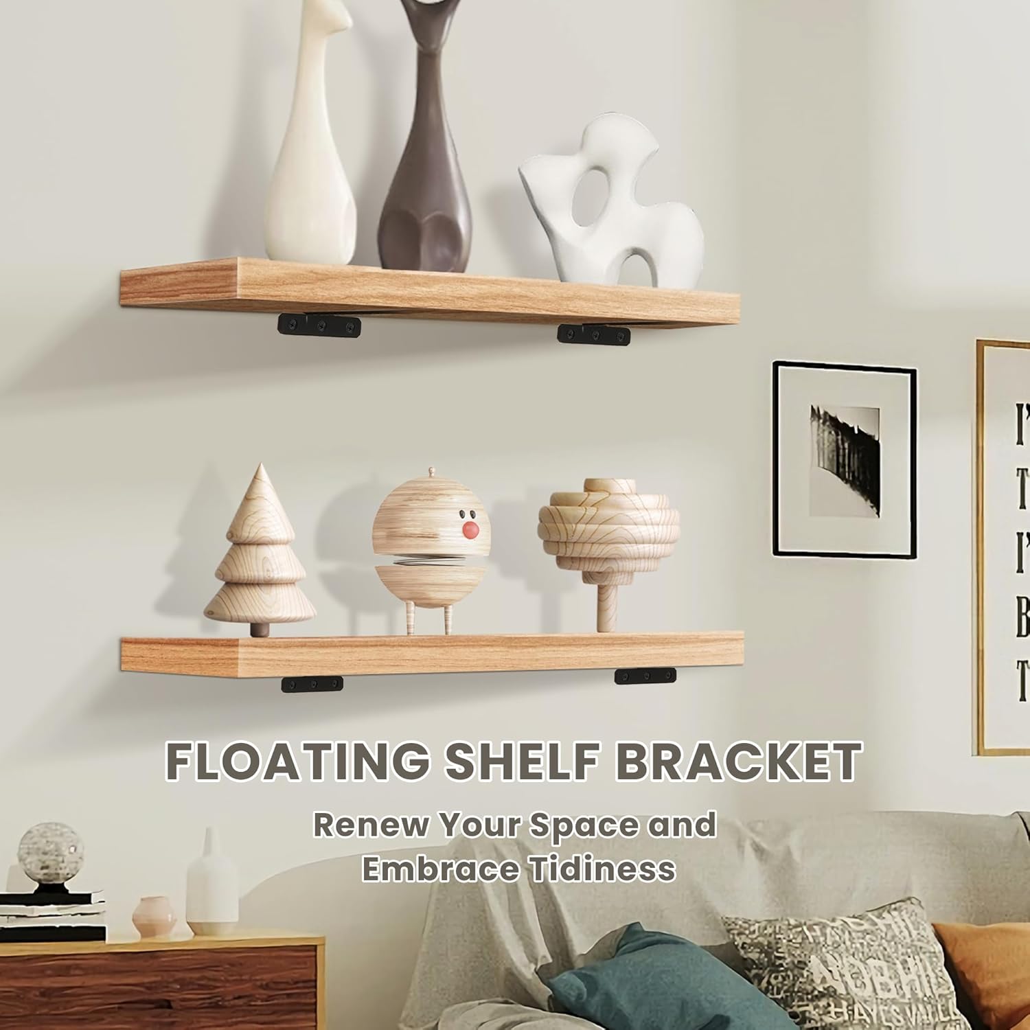Alise Shelf Brackets 8 Inch,Heavy Duty Floating Shelf Bracket Mounting Brackets,Hidden L Brackets for Shelves,Metal Decorative Shelf Brackets Wall Shelf Supports Brackets DIY,Black,Pack of 4