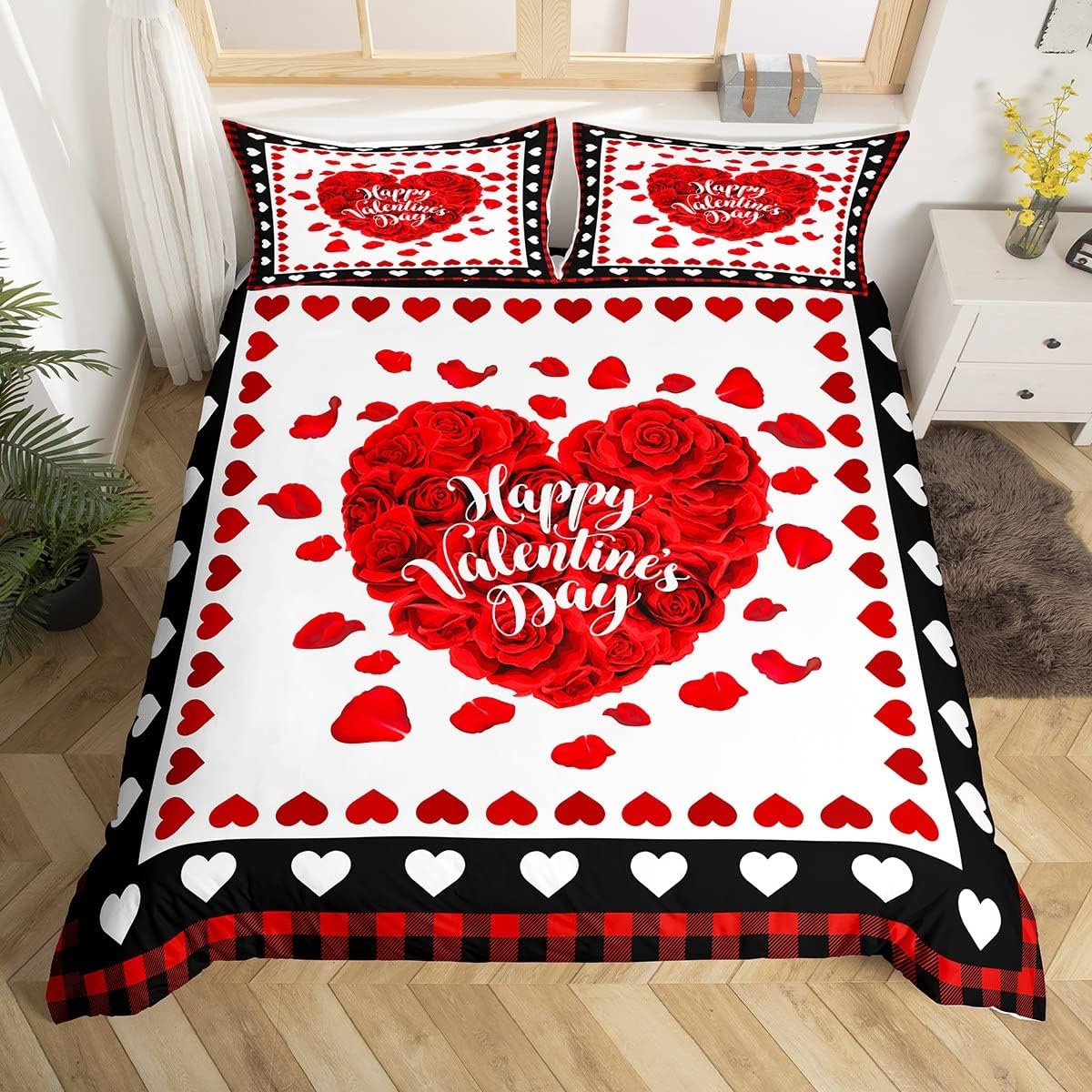 Red Heart Duvet Cover King Size (No Comforter),Valentine's Day Gifts Bedding Set Rose Petal Floral Comforter Cover for Women Men Adults Couple Room Decor Black Grid Stripes Quilt Cover,2 Pillowcases