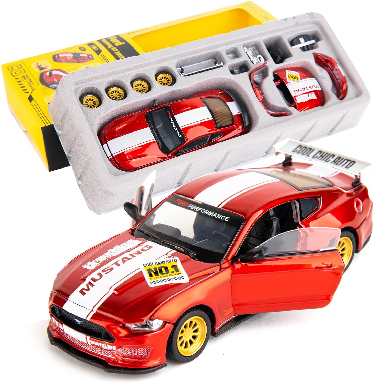 TGRCM-CZ 1/42 Ford Mustang Model, DIY Car Kit, Educational Building Toy, Children's Gift, Red