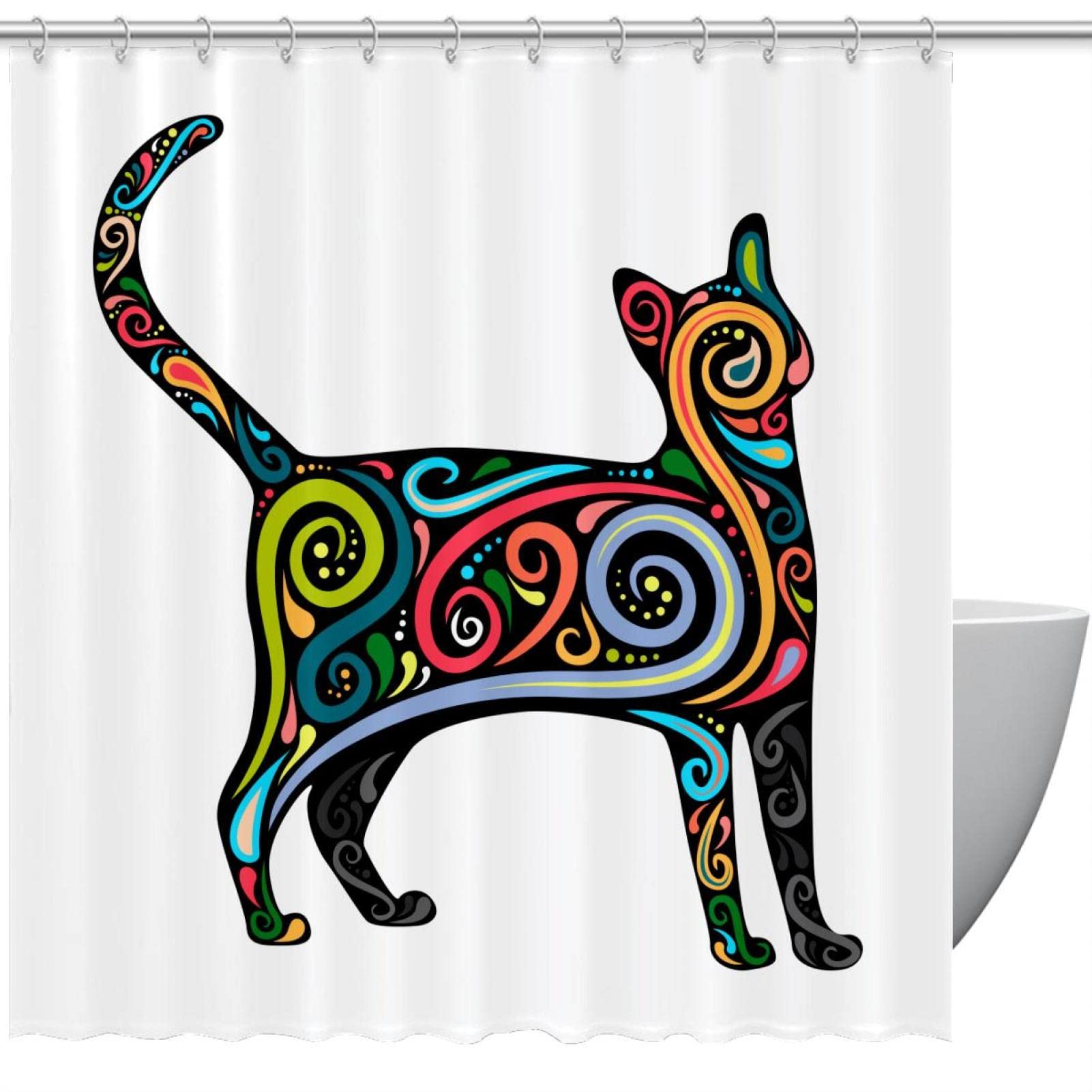 Rideau de douche chat coloré imperméable 183x183 cm pour salle de bain