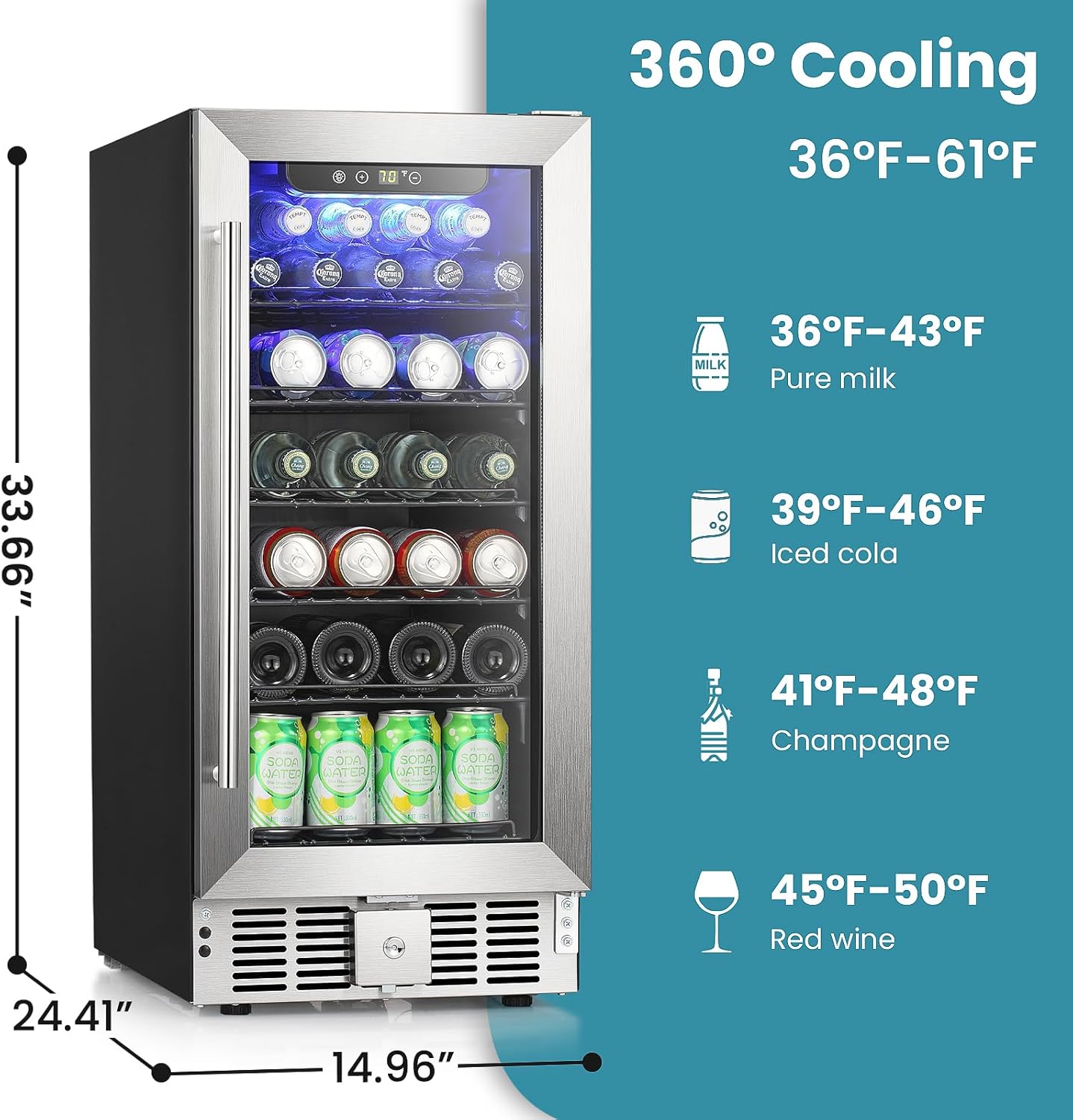 Antarctic Star 115 Can Beverage Refrigerator Cooler, 2.9 Cu.Ft Mini Fridge with Safety Lock, Beverage Cooler with Glass Door/LED Light/Adjustable Removable Shelves for Home/Office/Bar(Stainless Steel)