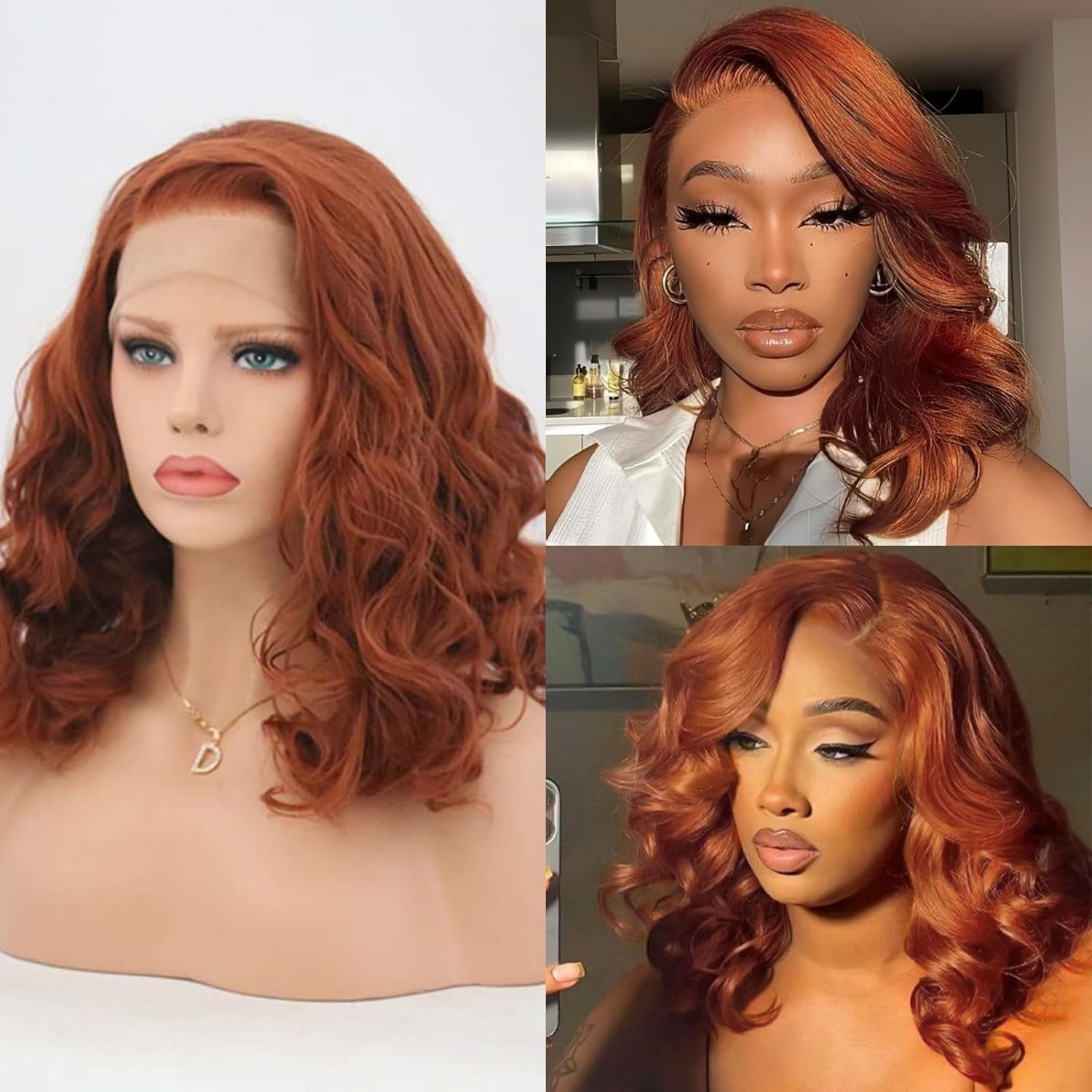 RONGDUOYI Auburn Short Bob Wavy Lace Front Wig Copper Red Synthetic Hair Loose Wave Short Curly Ginger Wig Shoulder Length Ginger Brown Colored Hair Wigs for Women Daily Party Cosplay