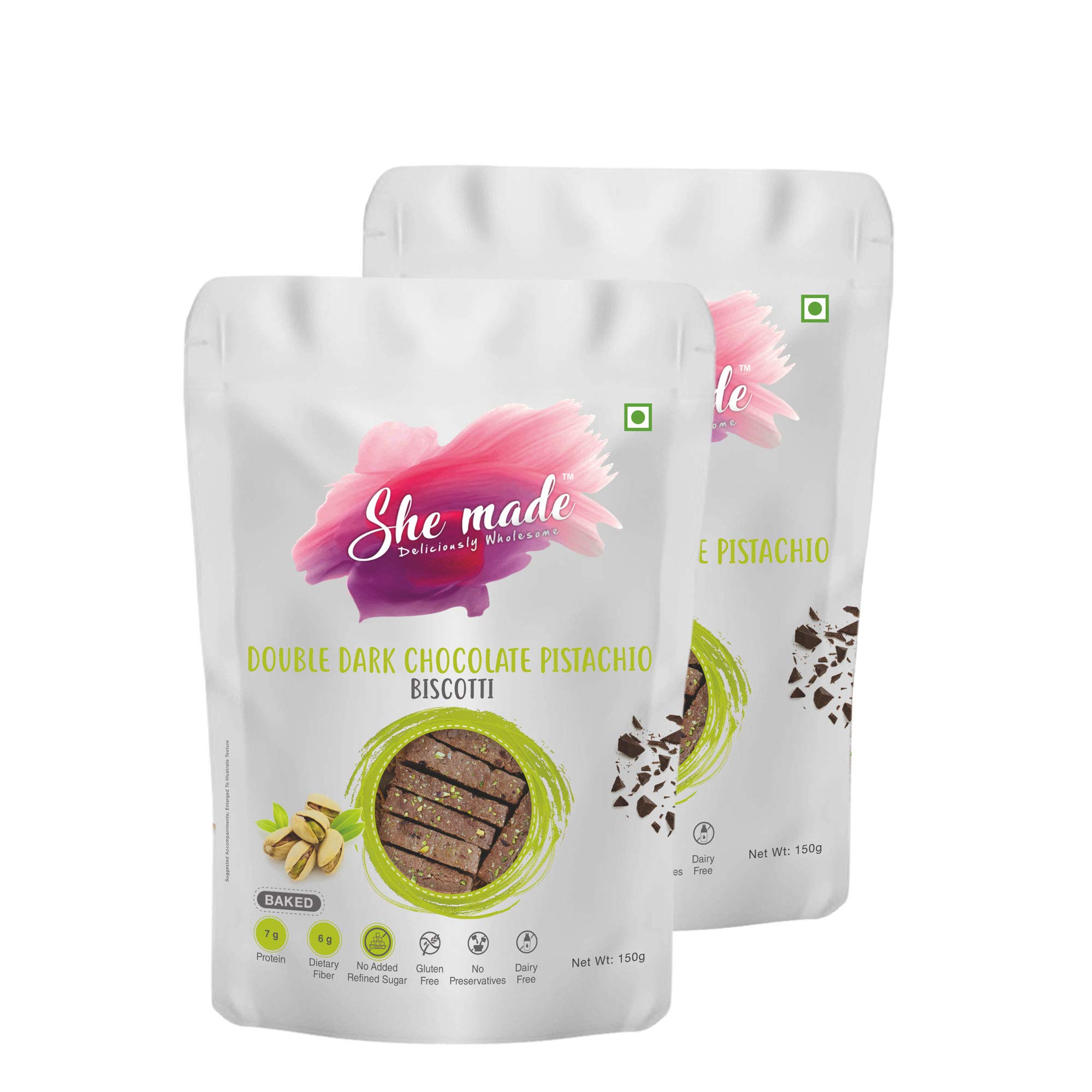 She Made Foods Biscotti Cookies - Pack of 2, Double Dark Chocolate and Pistachio Flavour, Fibre Dense & Gluten-Free Biscuit, Baked, Crunchy & Tasty Gourmet Snacks (150 grams each) (B08W1Y6LBS) Amazon Price History, Amazon Price Tracker