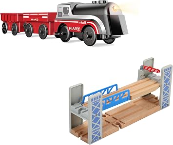Toy Train Accessories Railroad Bridge and Battery Operated Trains for Wooden Track Set, Motorized Train Toy with Overpass Bridge Compatible with Thomas, Brio, Melissa and Doug