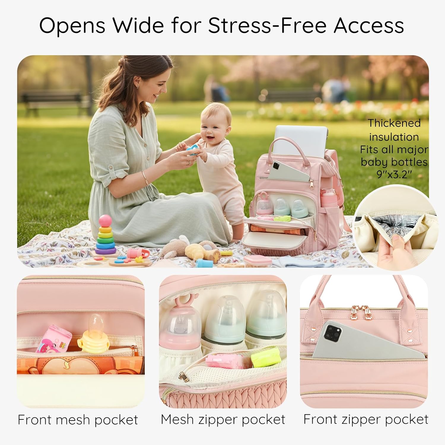 AIJIEKE Diaper Bag, Large Wide-Open Baby Diaper Backpack, Multi-functional Baby Travel Tote Bag, Diaper Bag with Changing Pad, Diaper Bags for Mom & Maternity (Pink) - Image 5