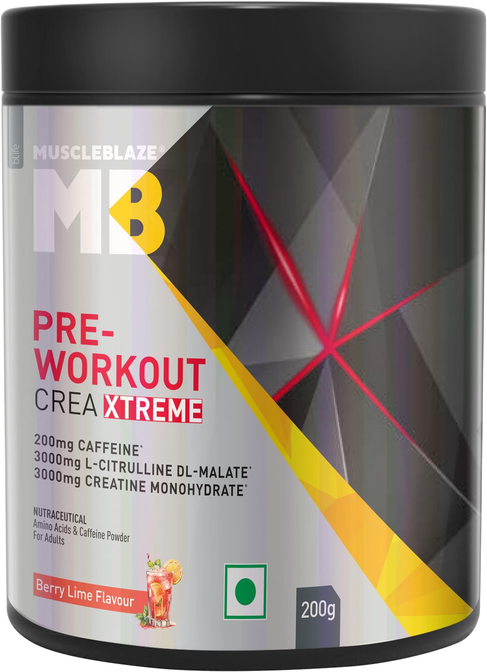 MuscleBlaze Pre Workout Crea-Xtreme (Berry Lime, 200g, 20 Servings) | 3000 mg Creatine Monohydrate, 200mg Caffeine, 200mg Theanine, 2000mg Beta Alanine