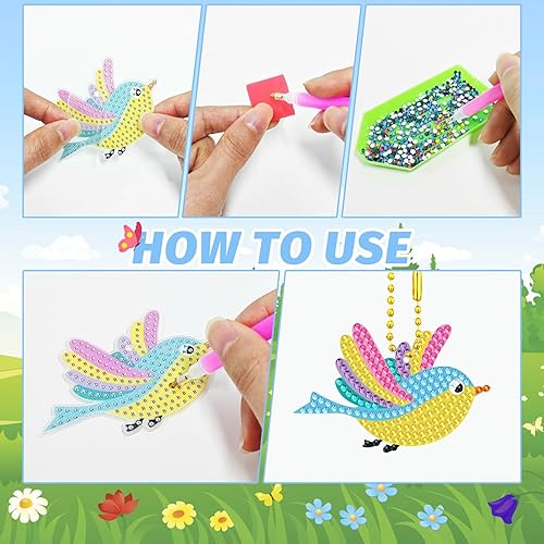 Miniatura 4 de BOYOUAN 15 piezas de llaveros de pintura de diamantes de perforación completa, kit de arte para colgar, colorido ornamento de primavera para niños,