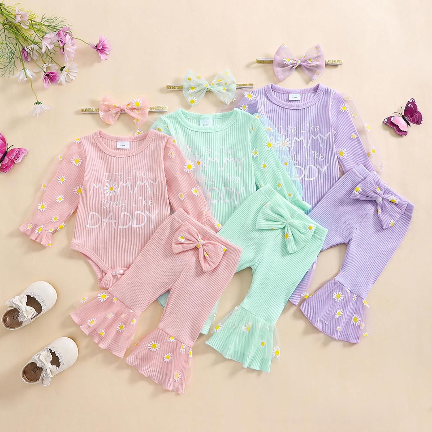 Newborn 3 6 12 18 Months Baby Girl Spring Fall Clothes Ribbed Bodysuit Onesie Romper Flare Pants Floral Daisy Outfit - Image 2