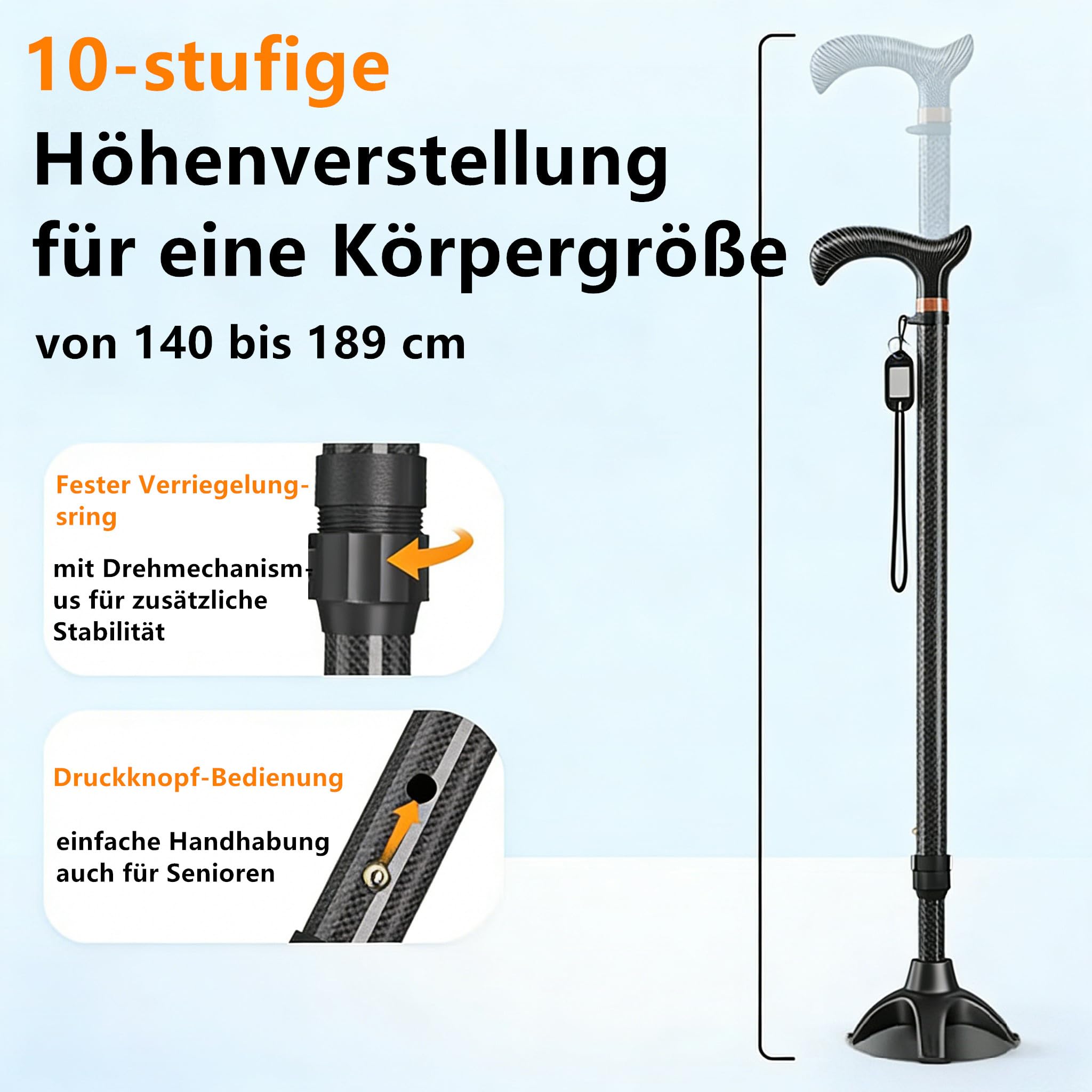 Gehstock für ältere Menschen,Ultra-Leichter Spazierstock aus Kohlefaser, höhenverstellbar 100kg Tragfähigkeit, Stoßdämpfender Spazierstock für Senioren & Erwachsene