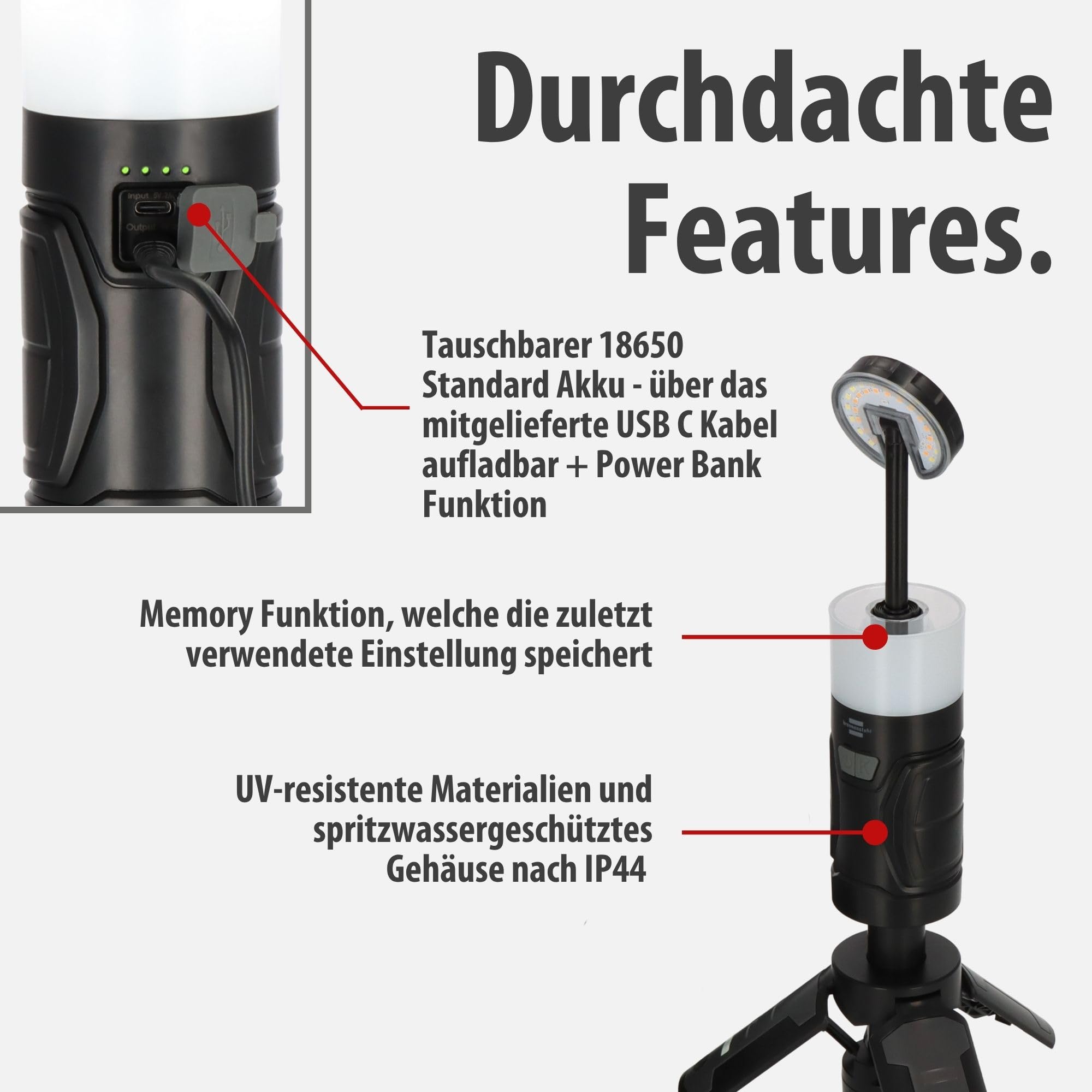 Brennenstuhl Akku LED Outdoor Lampe UL 400 AT | Campinglampe 400lm, IP44, bis zu 24h Leuchtdauer, dimmbar, Farbtemperatur einstellbar, ausziehbar bis 1,03m, Powerbank