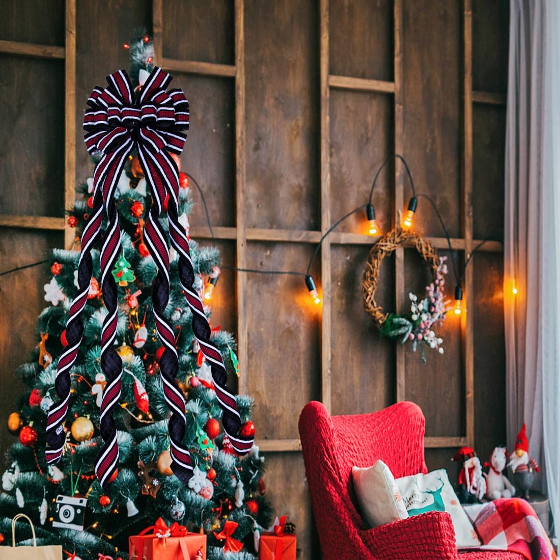 Christmas Tree Topper Bow Large Black Christmas Wreath Bow Tree Topper, Flocking Fabric with White Raw Edge Gift Bows for Xmas Ornament Holiday Home Thanksgiving Indoor/Outdoor Decor 52x13 Inches - Image 5