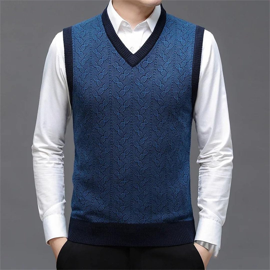 Men Wool Knit Sweater Vest Fall Solid Color Textured Thick Winter Sleeveless Pullover