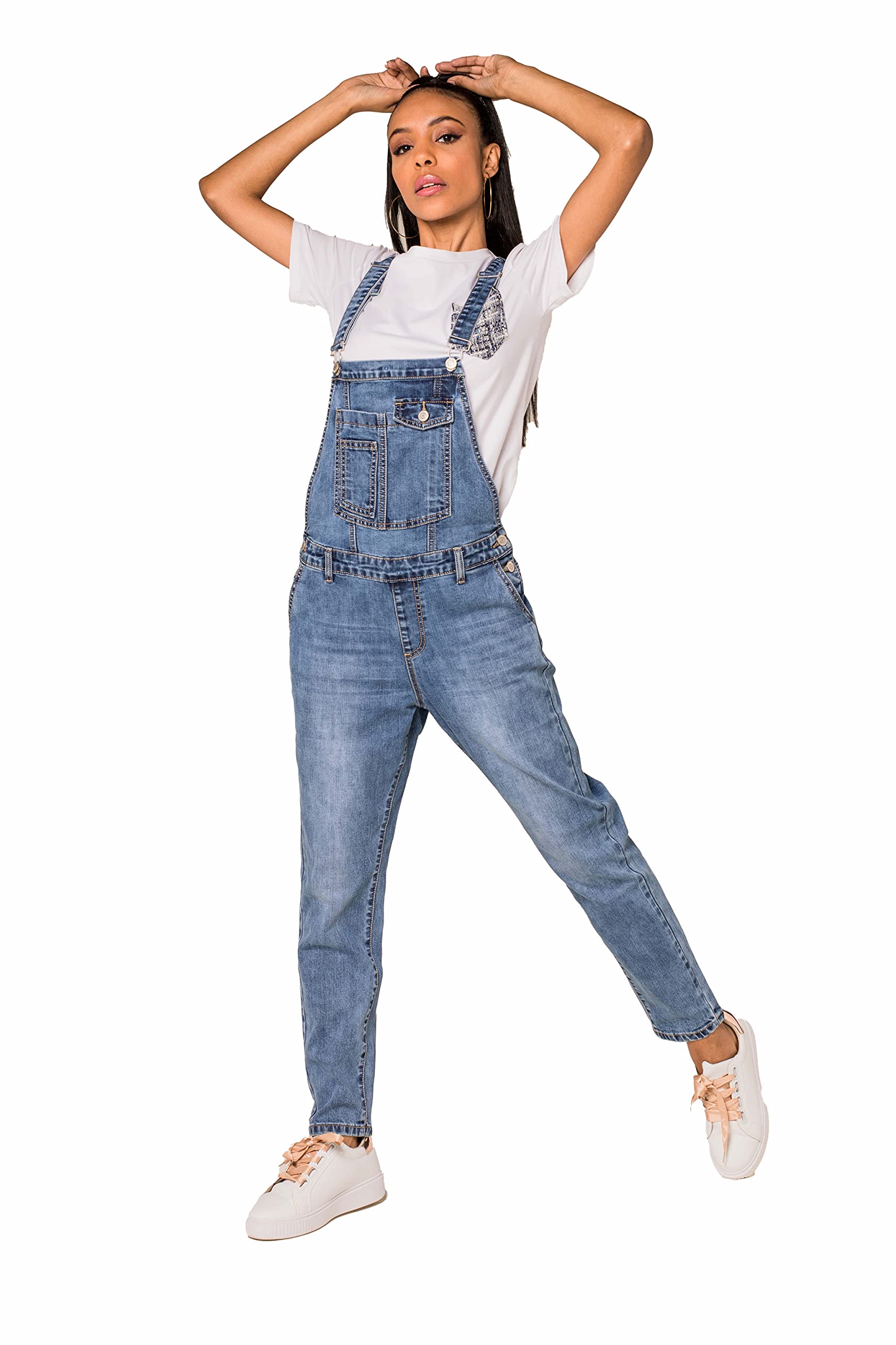 Nina Carter Damen Latzhose Jeans Boyfriend Denim Overall Jumpsuit Used-Look Sommeroverall