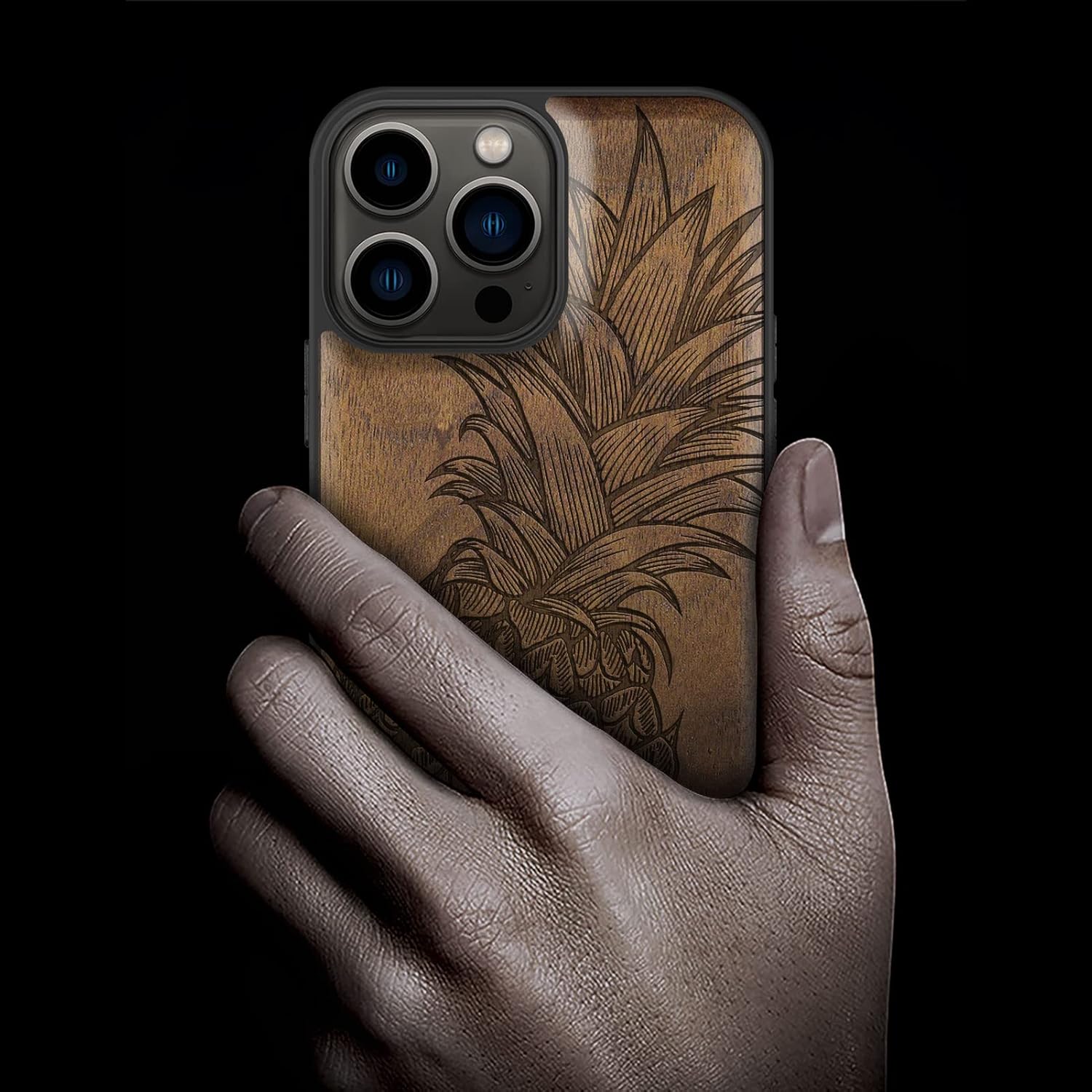 Carveit Magnetic Wood Case for iPhone 13 Pro Max [Natural Wood & Black Soft TPU] Unique & Classy Wooden Shockproof Protective Cover Compatible with magsafe (Pineapple -Walnut)