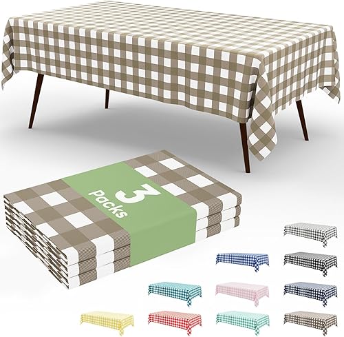 Smiry 3 Pack Khaki Gingham Disposable Tablecloths - 54" x 108" Heavy Duty Plastic Table Cloth, Waterproof Buffalo Plaid Table Covers for Picnic,