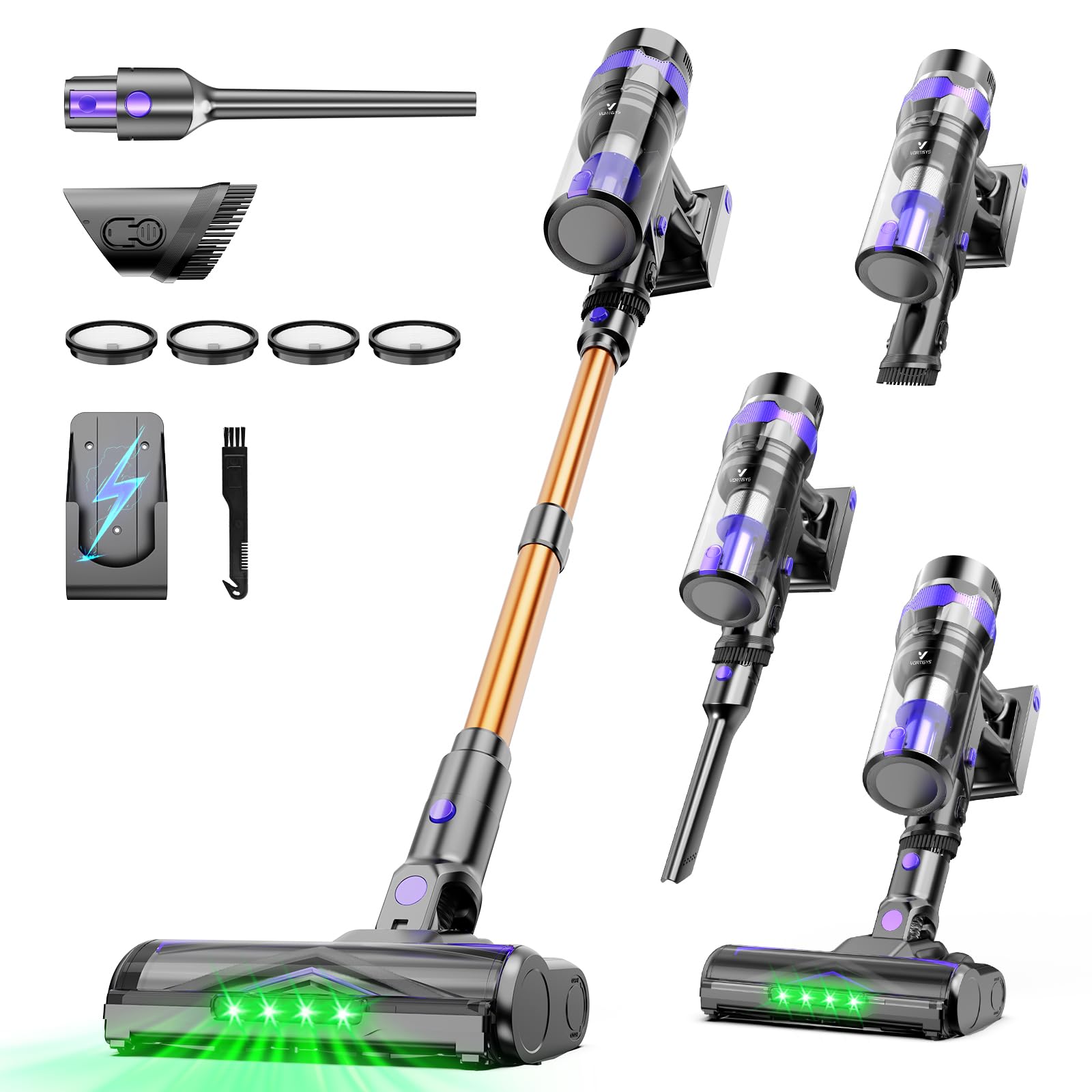 Cordless Stick Vacuum Cleaner, 500W/60kPa/60Min Powerful Long-lasting Lightweight Vacuum with Dust-Reveal Technology for Home, Anti-Wrap Wall-mounted Stick Vacuum for Pet Hair/Hard Floor/Carpet