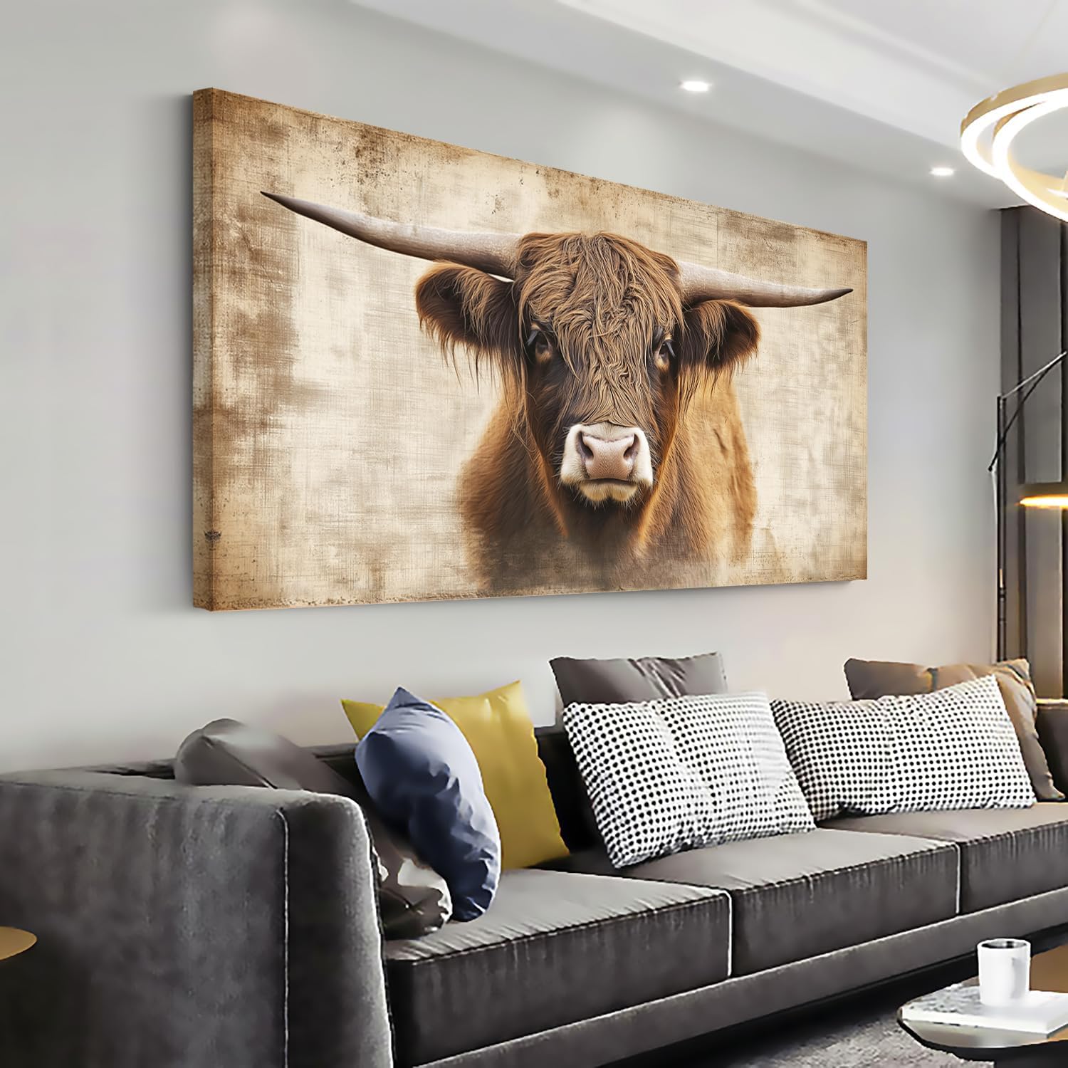 GAFSING Beige Highland Cow Wall Art for Living Room Office Rustic Scottish Cattle Farmhouse Decor Painting Prints Distressed Canvas Artwork Dining Bedroom Decor