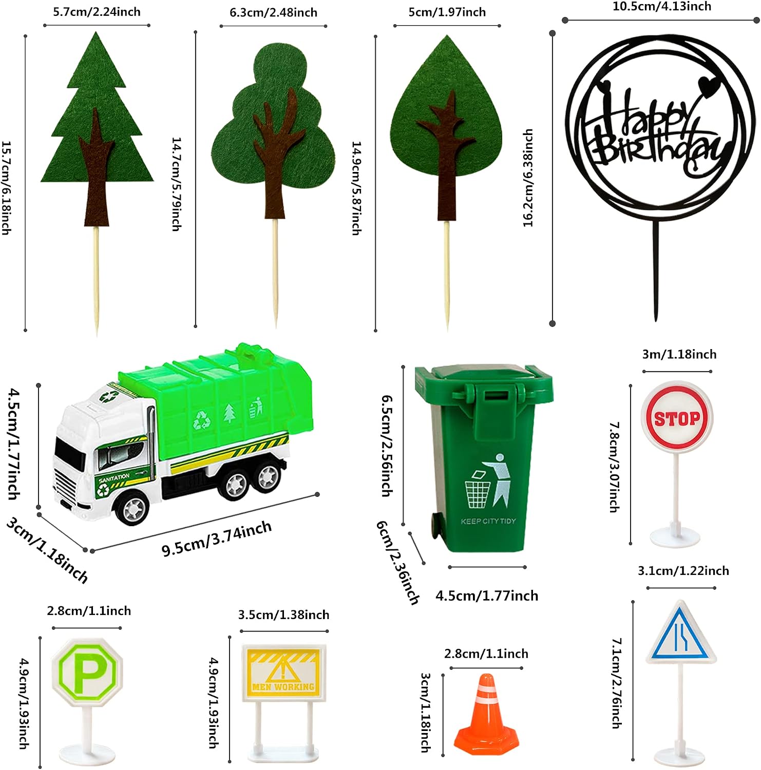 17PCS Garbage Truck Cake Topper Trash Truck Cake Decorations Trash Can Birthday Party for Party Supplies