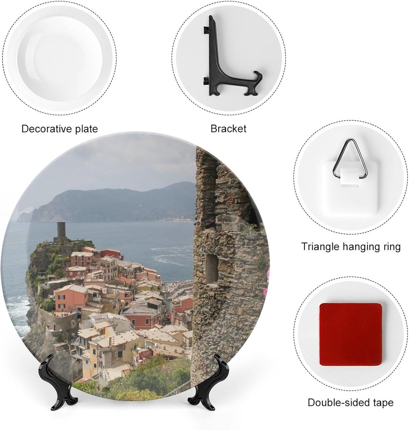 10" Decorative Plate Sea Rocks Travels Italy Sicily Round Ceramic Plate with Display Stand Modern Porcelain Table Plate Wall Hanging Decoration for Home Office Collectible Art Souvenir