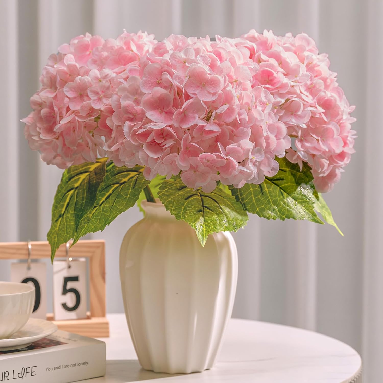 Hydrangea Artificial Flowers 4pcs Real Touch Fake Hydrangeas Pink Forever Flowers Wedding Flower Bouquet Faux Hydrangea Flowers for Indoor/Outdoor Home Decor Party Floral Arrangements