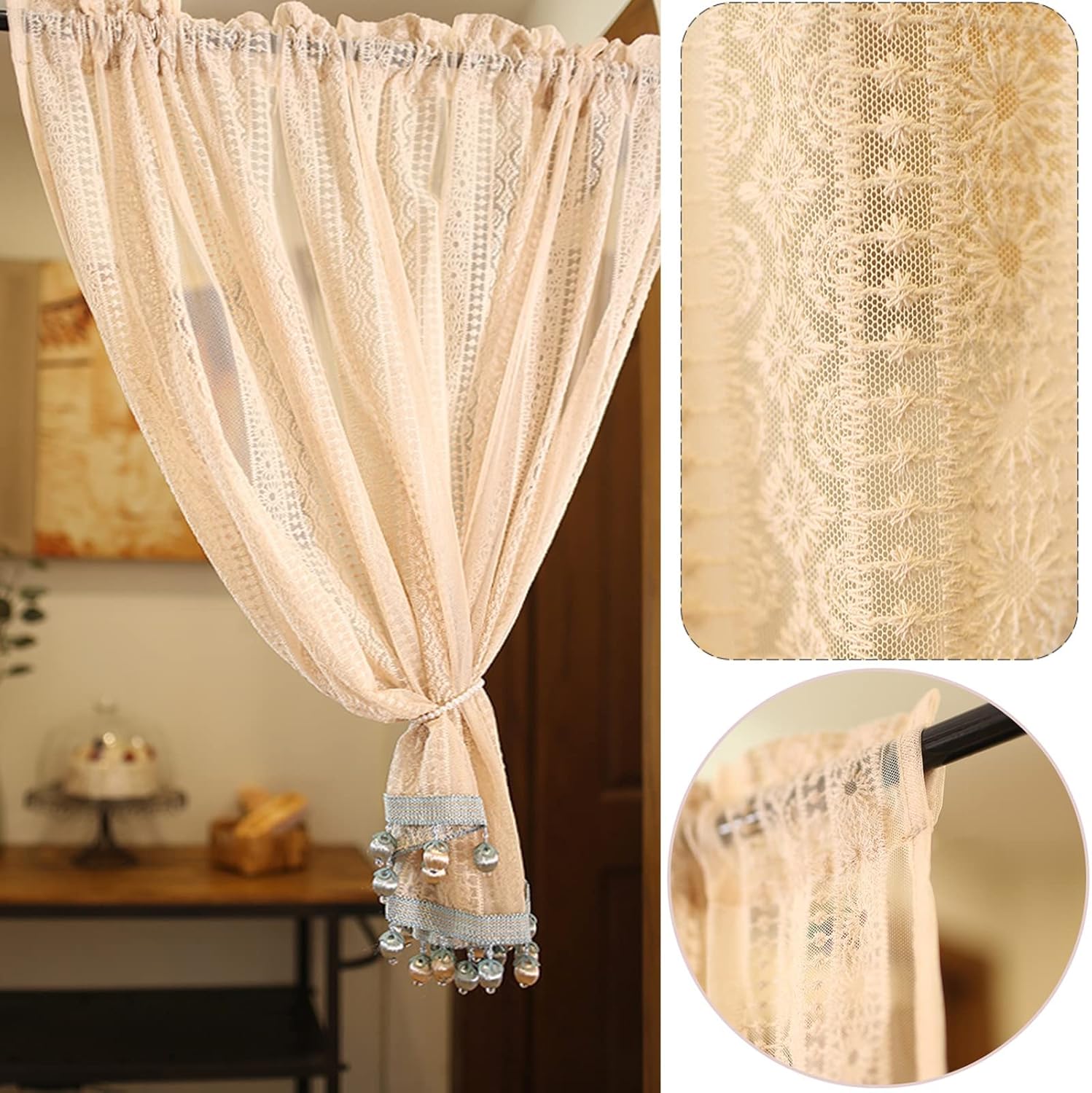 Kitchen Short Curtain, Light pink lace Tier Curtain, Small Window Curtain Valance Panel with fringe, rod pocket, for Decor Cafe, Living room, Bedroom, Bathroom ( Size : W120xH90cm/47.2x35.4in )
