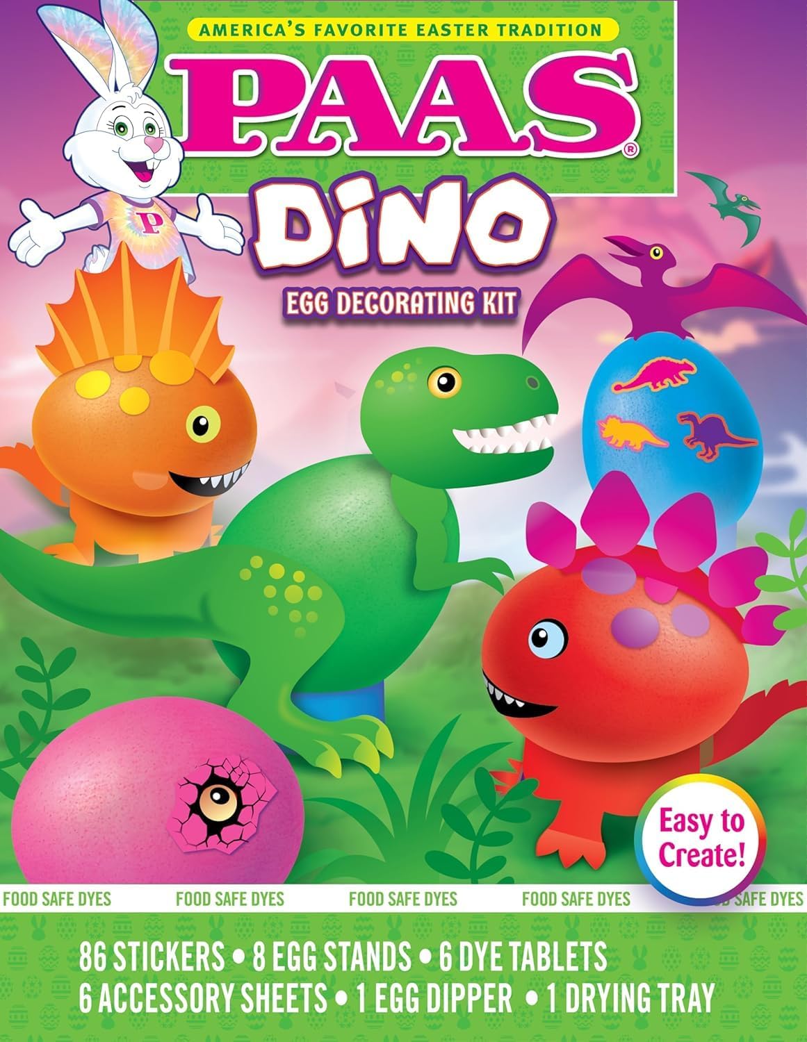 PAAS Dino Egg Decorating Kit - Easy to Create, Includes 86 Stickers, 8 Egg Stands, 6 Dye Tablets, 6 Accessory Sheets, 1 Egg Dipper, 1 Drying Tray