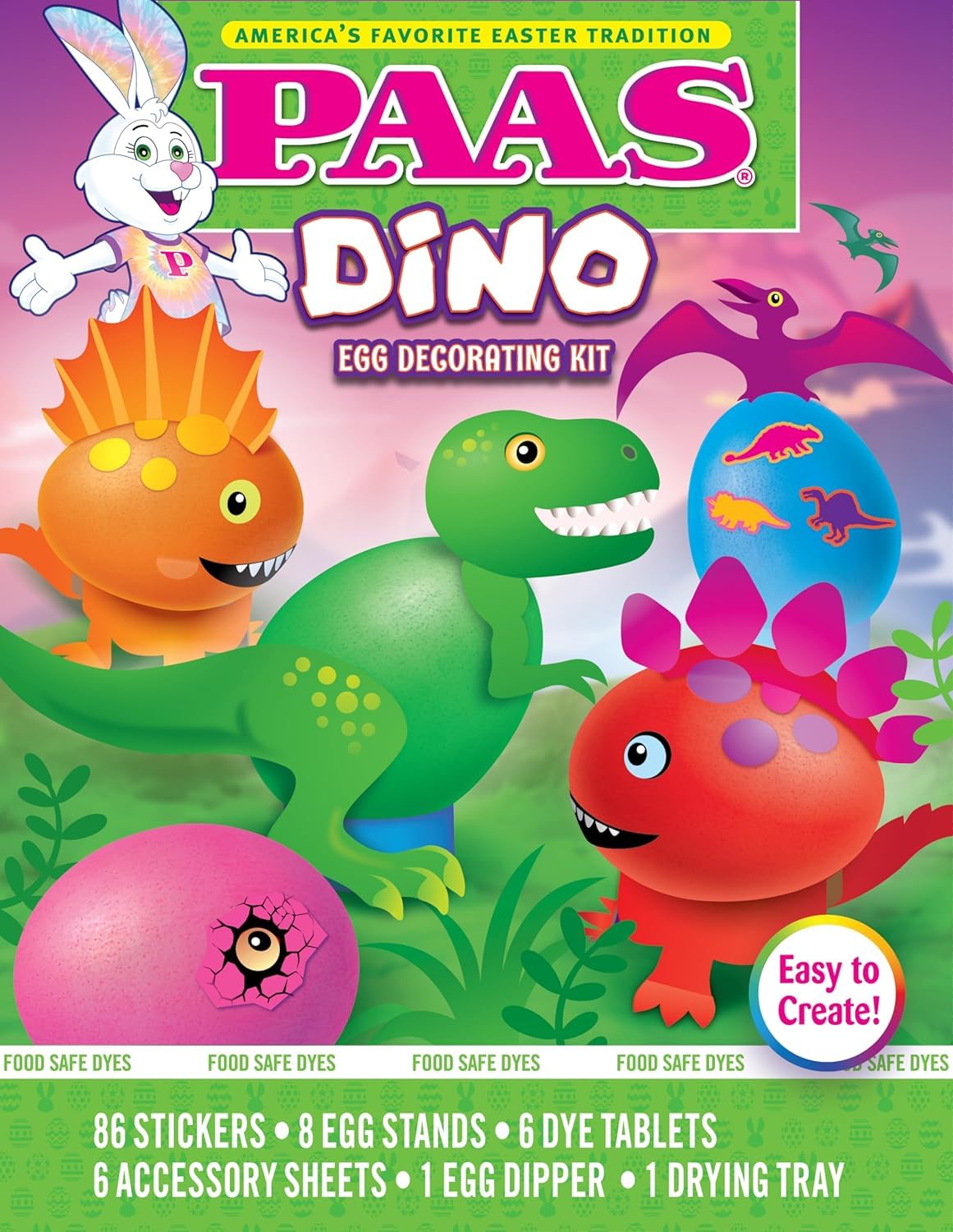 PAAS Dino Egg Decorating Kit - Easy to Create, Includes 86 Stickers, 8 Egg Stands, 6 Dye Tablets, 6 Accessory Sheets, 1 Egg Dipper, 1 Drying Tray