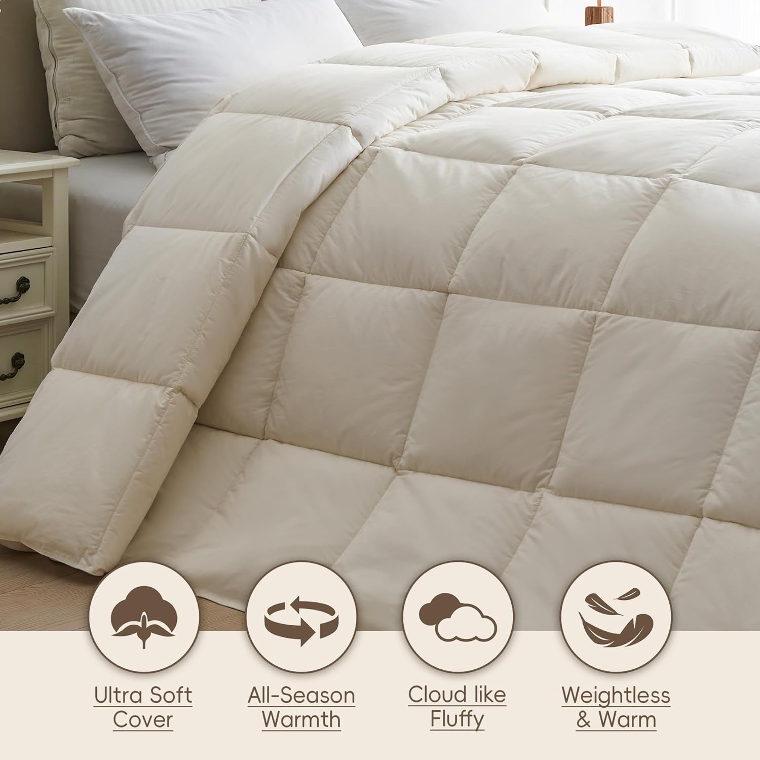 puredown® Goose Feather Down Fiber Comforter Full/Queen Size - 100% Organic Cotton Cover All Season Duvet Insert, Breathable Fluffy Warmth Hotel Luxury Bedding Comforter (88"x90")