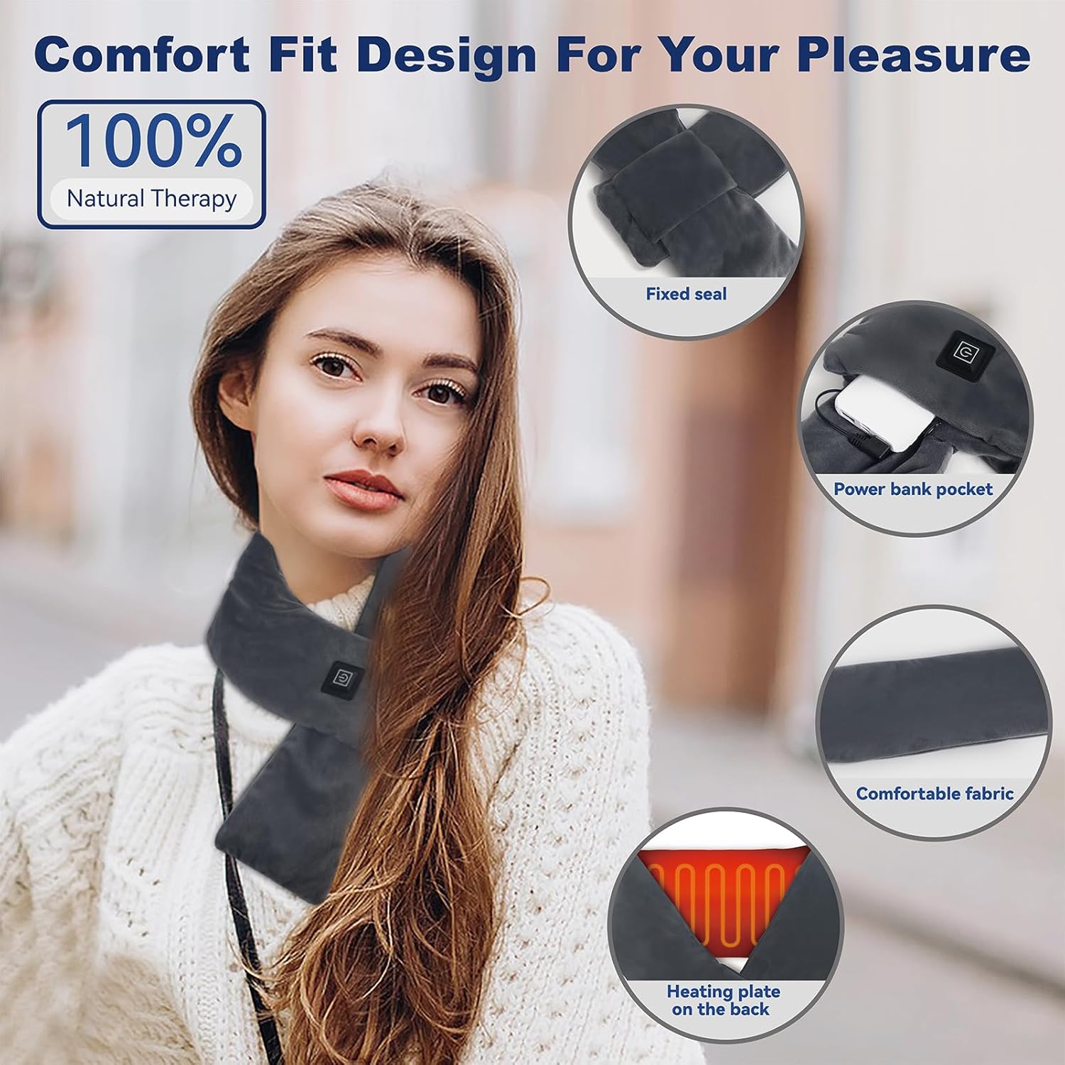 Heated Neck Wrap with 5000 mAh Power Bank, Cordless Heating Pad with Adjustable 3 Heat Settings, Soft Neck Warmer for Pain Relief, Muscle Relaxation, Portable Heated Neck Scarf