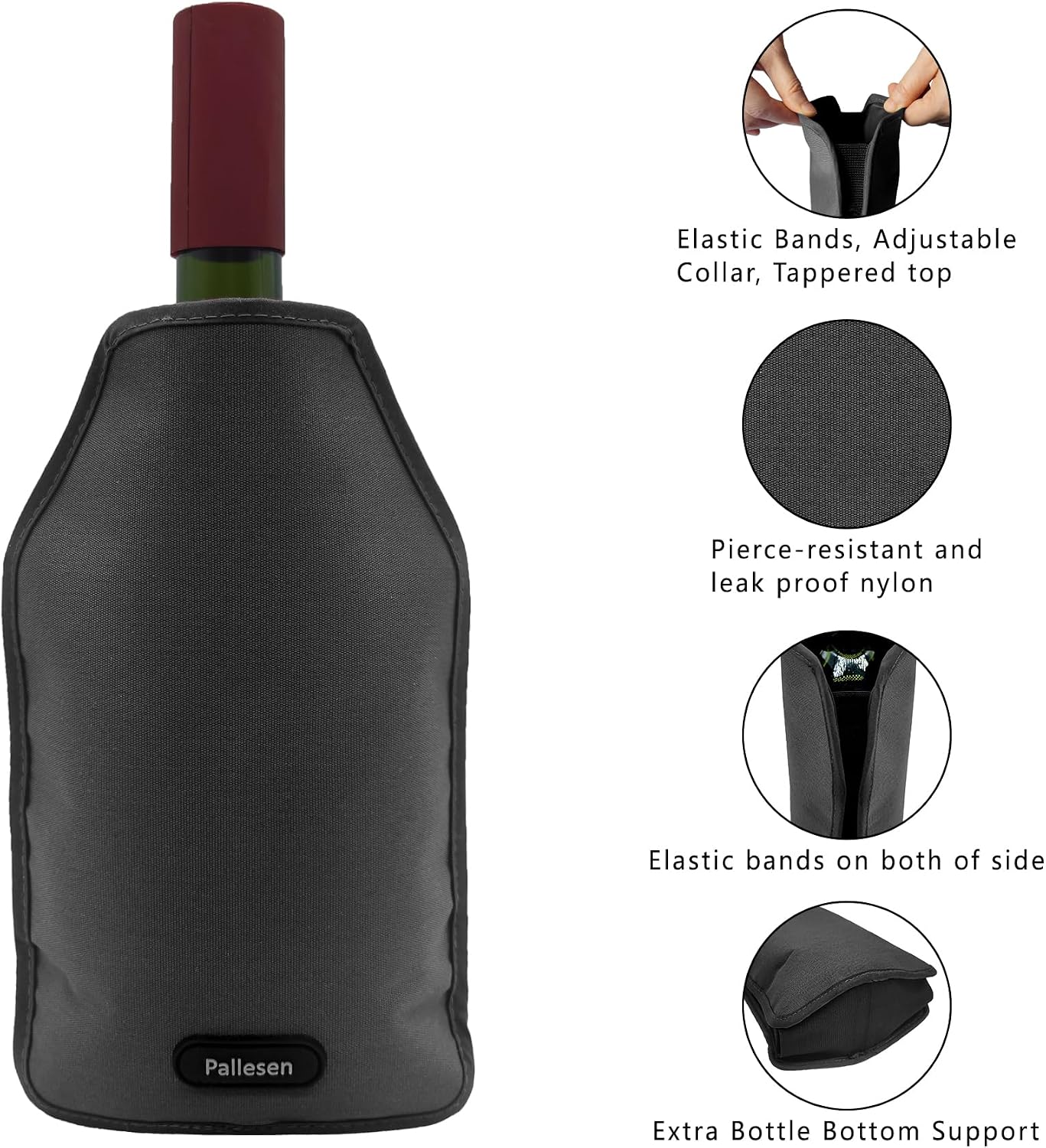 Pallesen Portable Wine Cooler Sleeve - Reusable Bottle Chiller Keeps Red, White & Champagne Cool for 750ml Standard Size Bottles (Black)