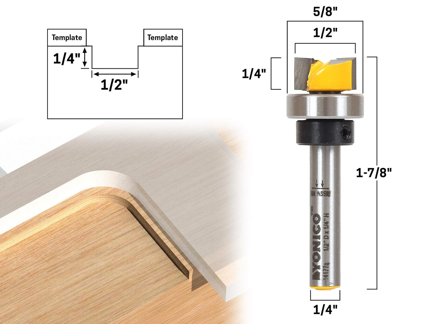 YONICO Router Bits Pattern Bit Offset Flush Trim Template 1/2-Inch Diameter 1/4-Inch Shank 14177q
