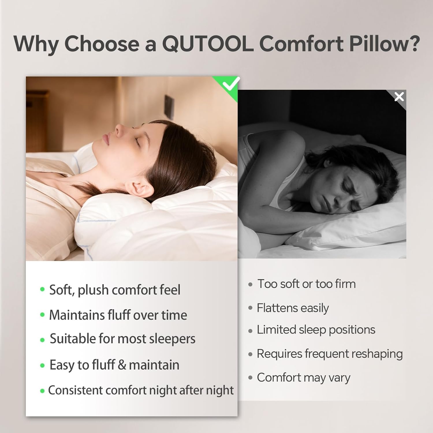 QUTOOL Luxury Hotel Goose Feather Pillow, 100% Cotton Cover, Soft Support Pillow, Suitable for Sleepers on the Back, Sides, and Stomach, Queen Size Bed Pillows Set of 2