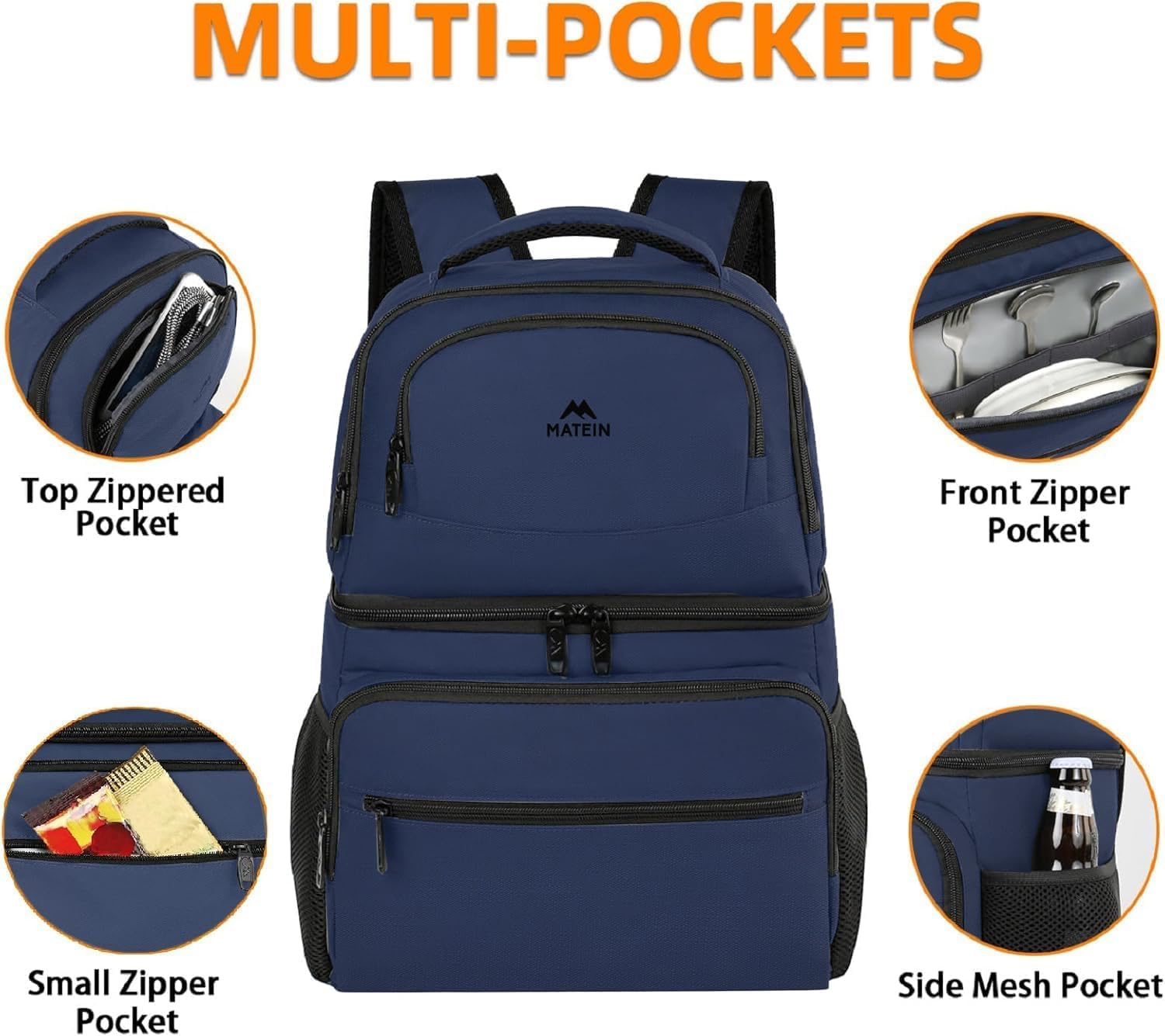 MATEIN Zaino Termico porta Pranzo, Borsa Termica con Scomparto Termico 34L Grande Capacità, Impermeabile Zaini per Picnic, Lavoro, Spiaggia, Campeggio, Escursionismo, Regalo per Uomo Donna, Blu