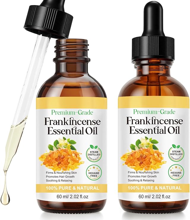 Aceite Esencial de Incienso 60 ml, Frankincense Oil Natural y Puro al 100%, Reduce líneas finas y estrías, hidrata y calma la piel irritada, Esenciales de Aromaterapia para Facial Cabello Piel (2PCS)