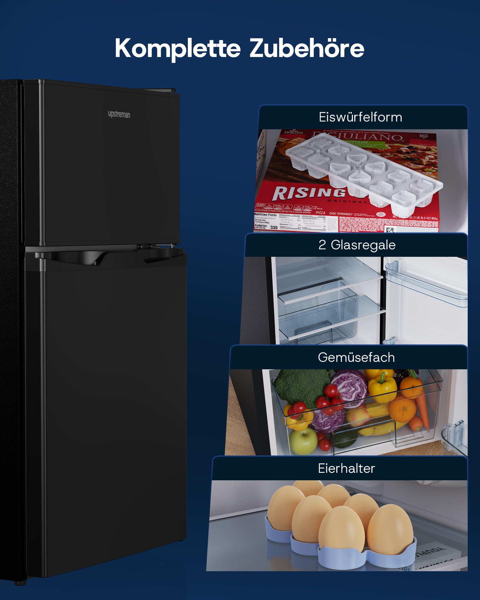 Upstreman 84L Kühl Gefrierkombination, Kühlschrank mit Gefrierfach oben，39dB Leise und LED Beleuchtung，Kleiner Kühlschrank mit 2 Wechselbare Tür, TM84 Schwarz