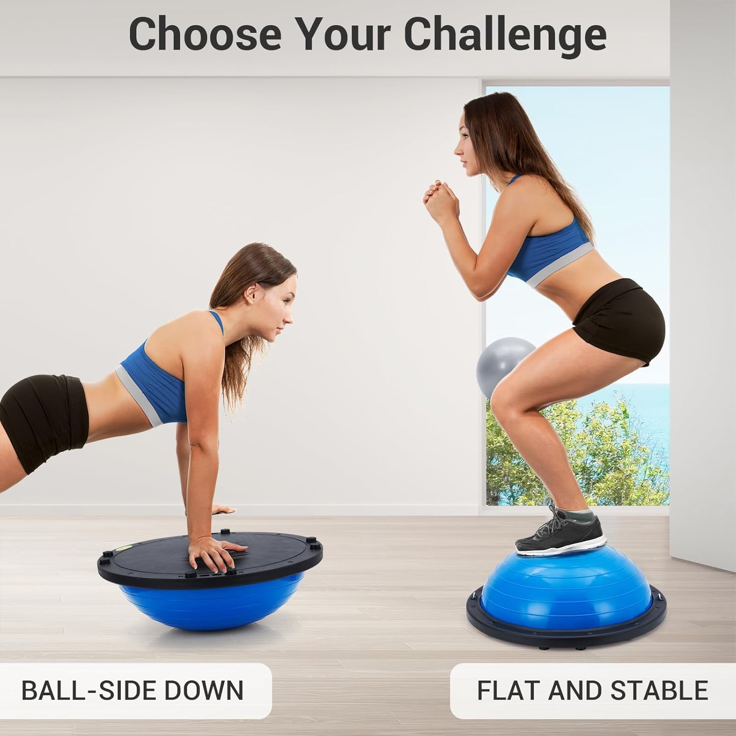Balance Ball, 1600LB Half Exercise Ball Balance Trainer w/Non-Slip Base, Resistance Bands & Pump - Yoga Strength Training