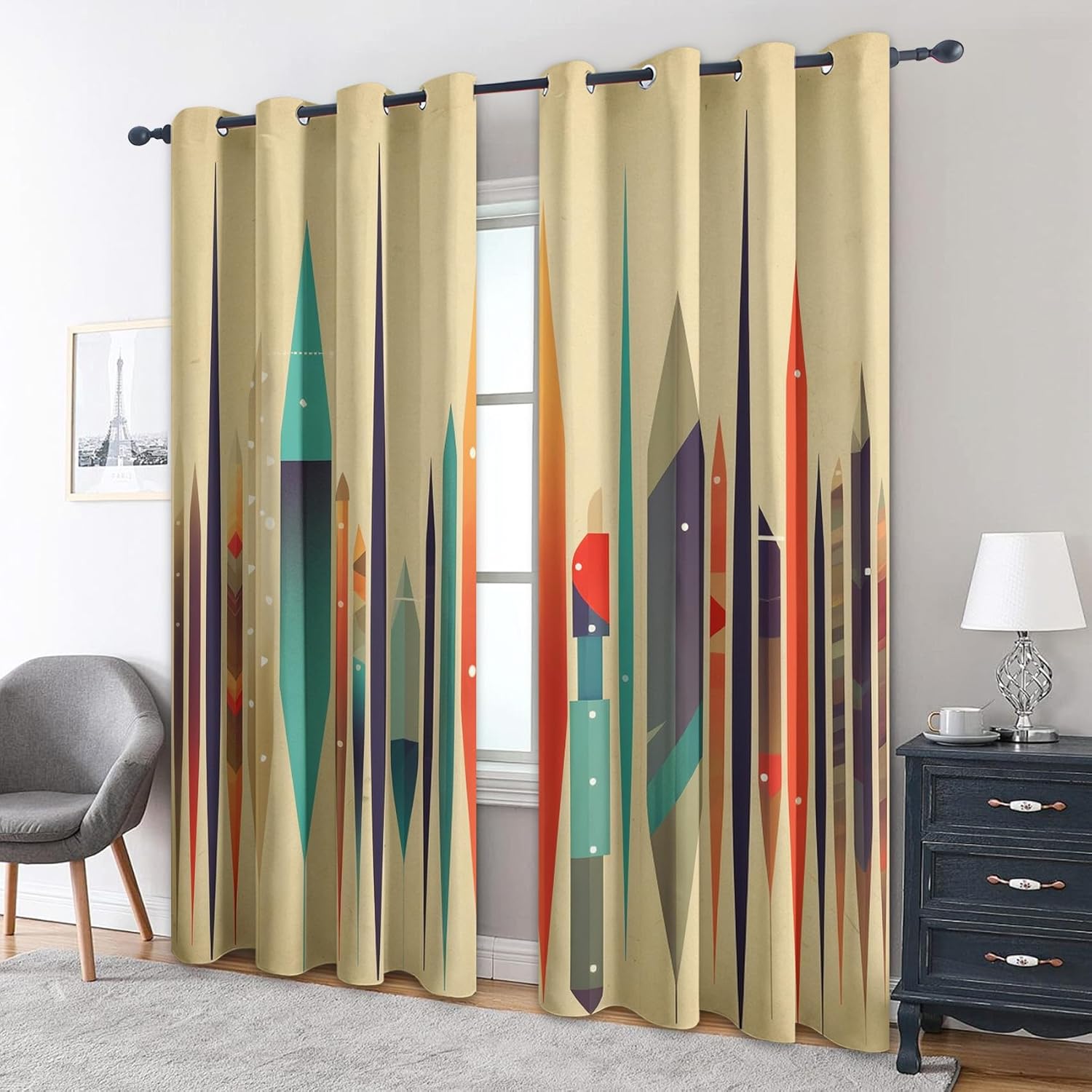 Retro Geometric Bedroom Curtains 63 Inch - Mid Century Modern Printed Living Room Curtains, Retro Geometric Home Decor Blackout Window Drapes with Grommet, 2 Panels Set - HL2982