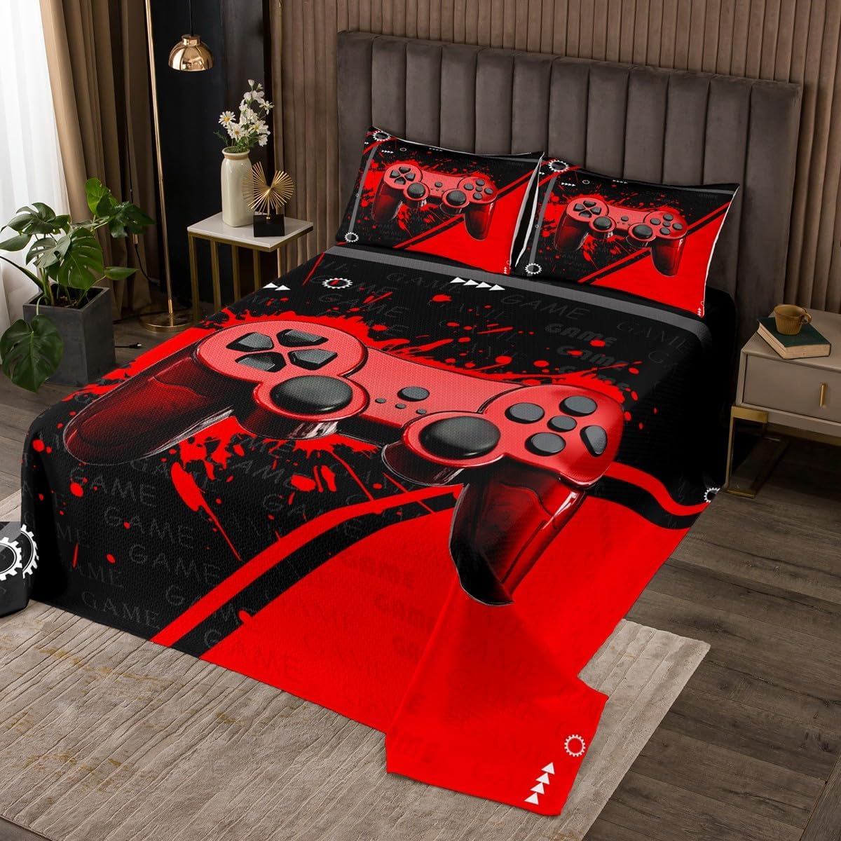 Video Game Kids Bedspread Twin Size,Gaming Gamepad Cow Skin Cowhide Coverlet Set,Boys Girls Men Room Decor,Western Cowboy Cow Skull Quilted Coverlet,Brown Rustic Retro Bedding Quilt,1 Pillowcase