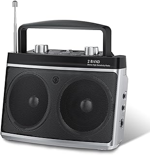 AM FM Radio with Best Reception, Bluetooth Stereo Sound Speaker Portable Radio, Battery Operated or Plug in Wall with Headphone Jack, AUX, Large Tuning Knob for Kitchen, Camping Sliver