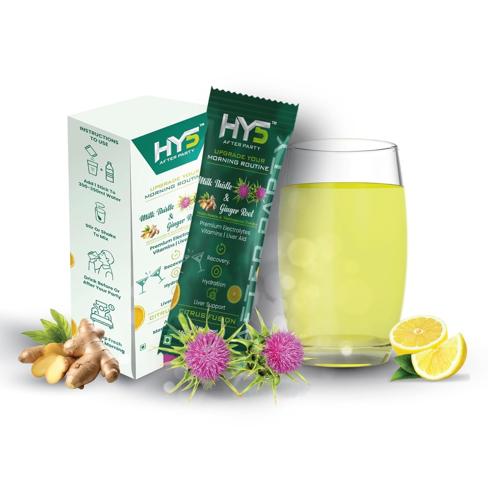 HY5 After Party Powder – Fast Hangover Relief Drink Mix with Ginger Extract, Milk Thistle, Pink Salt & Natural Lemon | Electrolytes + Detox Blend | 6 Sachets | Rehydrate & Recover Naturally
