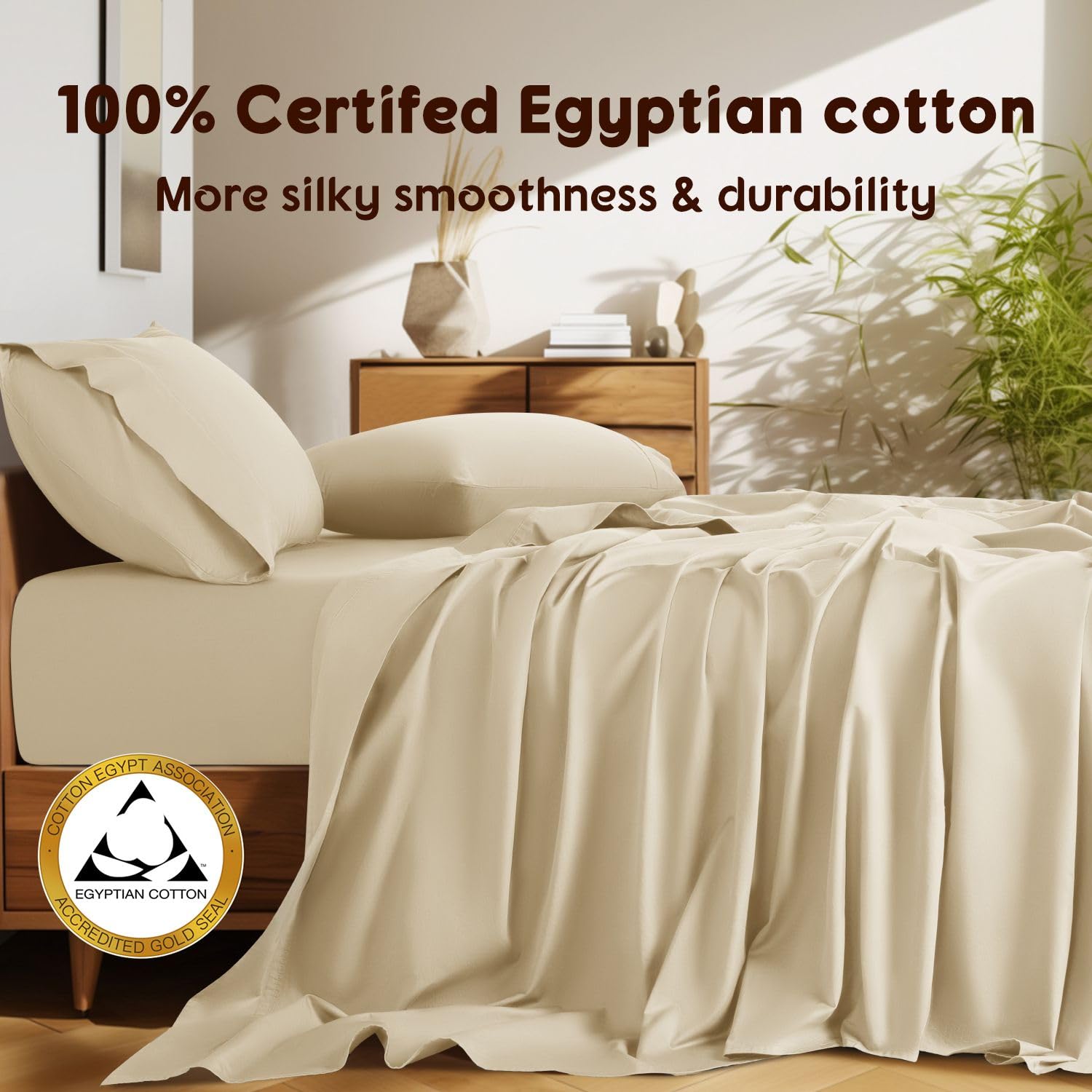 Shilucheng 100% Cotton Queen Size Sheets Set - 1500 Thread Count,Luxury Egyptian Cotton Bed Sheets,5-Star Hotel Quality Sheets, Breathable & Cooling, 16 Inch Deep Pocket - 4 Piece (Beige)