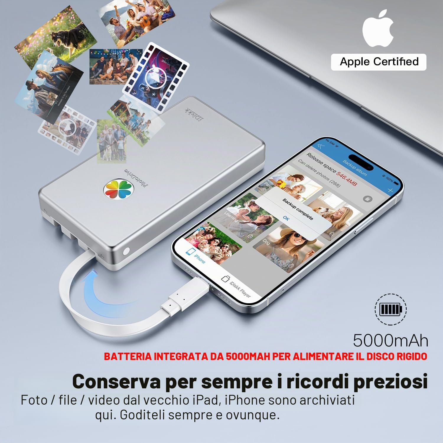 iDiskk Disco rigido esterno Lightning 3 in 1 certificato MFi da 500 GB per iPhone con 3 cavi integrati, hard disk portatile USB-C per dispositivi di tipo C, funziona con i più recenti iPhone/iPad/Mac