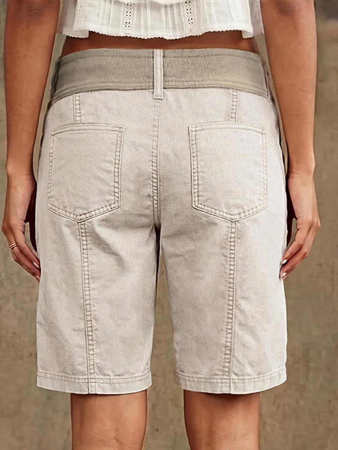 Flamingals Straight Leg High Rise Bermuda Shorts for Women Seam Front Drawstring Elastic Shorts with Flap Pockets