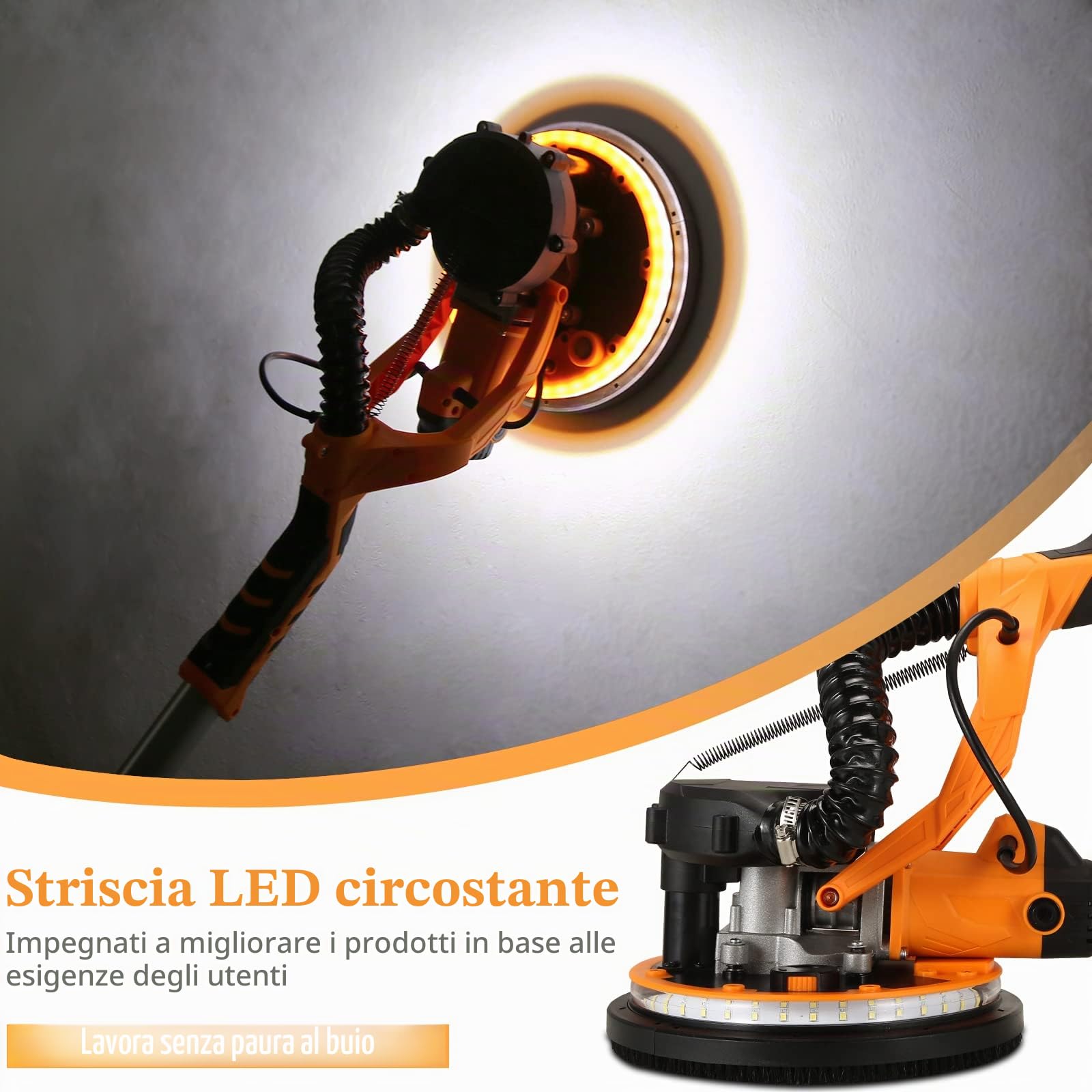 Smerigliatrice da parete e soffitto 1390 W, diametro 225 mm, testa di lavoro a LED, testa ribaltabile fino a 90°