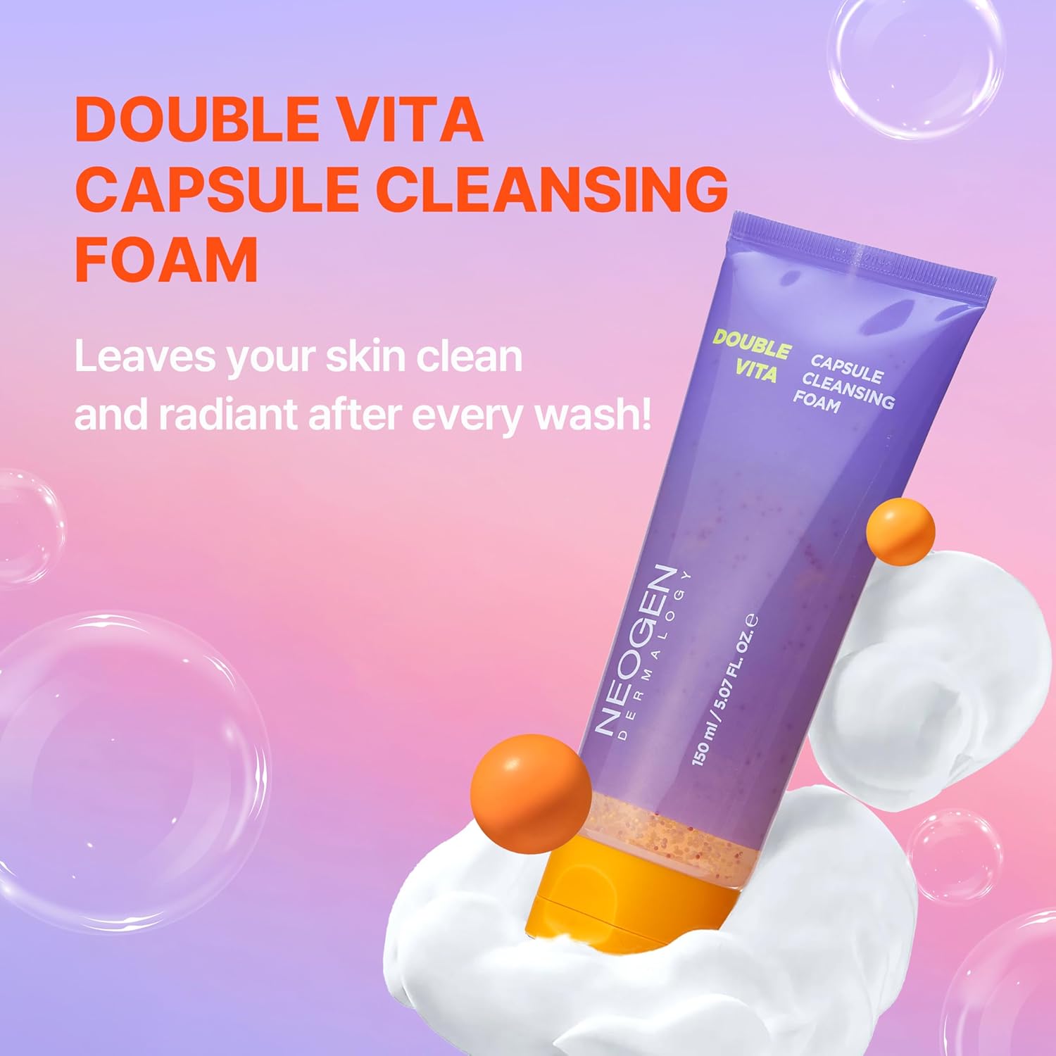 DERMALOGY by NEOGENLAB Double Vita Capsule Cleansing Foam, Vitamin-Rich Daily Face Cleanser with AHA/BHA & Yuzu Lime Extract, Brightening & Hydrating Gel-to-Foam Cleanser, All Skin Types, 5.07 fl oz