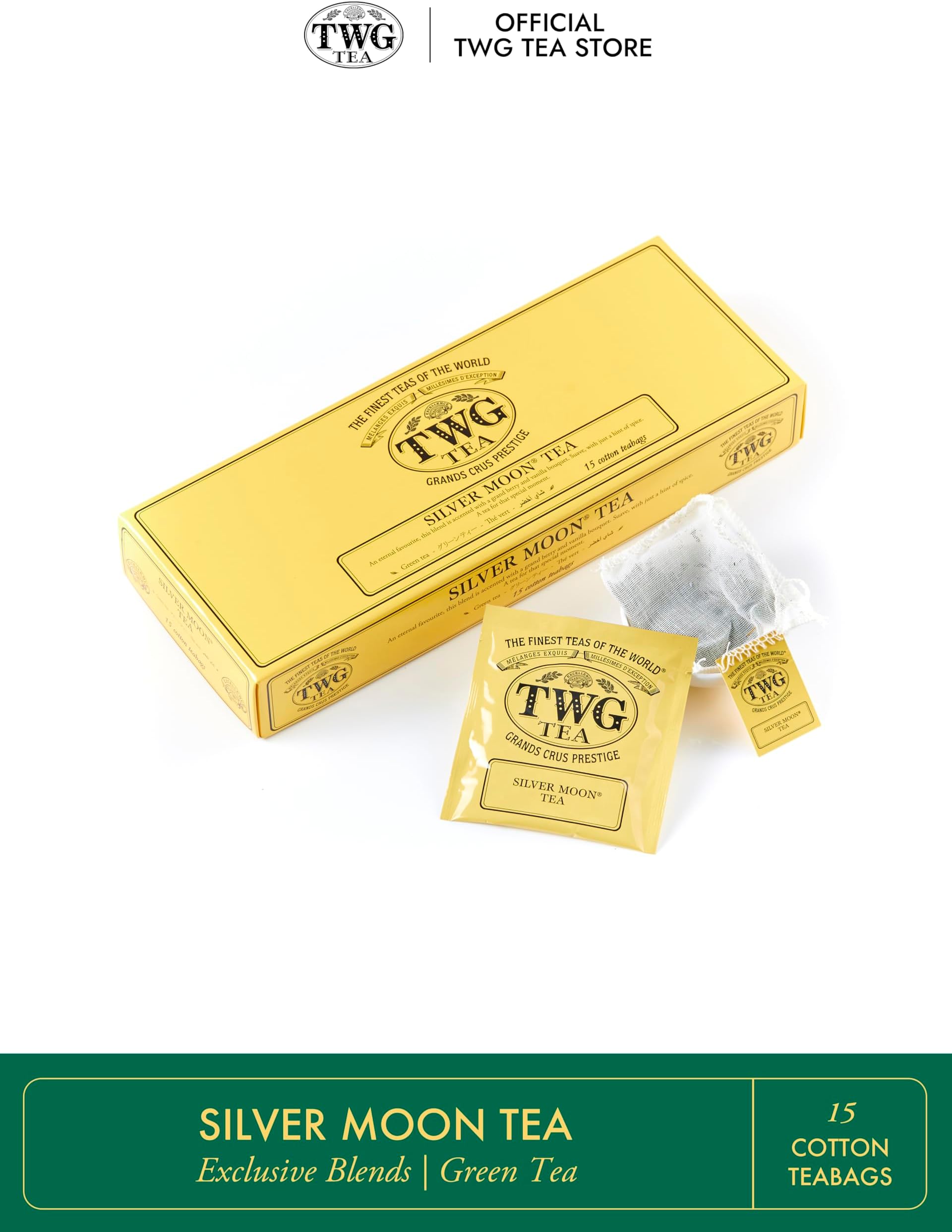 TWG Tea | Silver Moon Tea | Green Tea | Grand Berry & Vanilla | 15 Hand Sewn Cotton Tea Bags | Gift Set