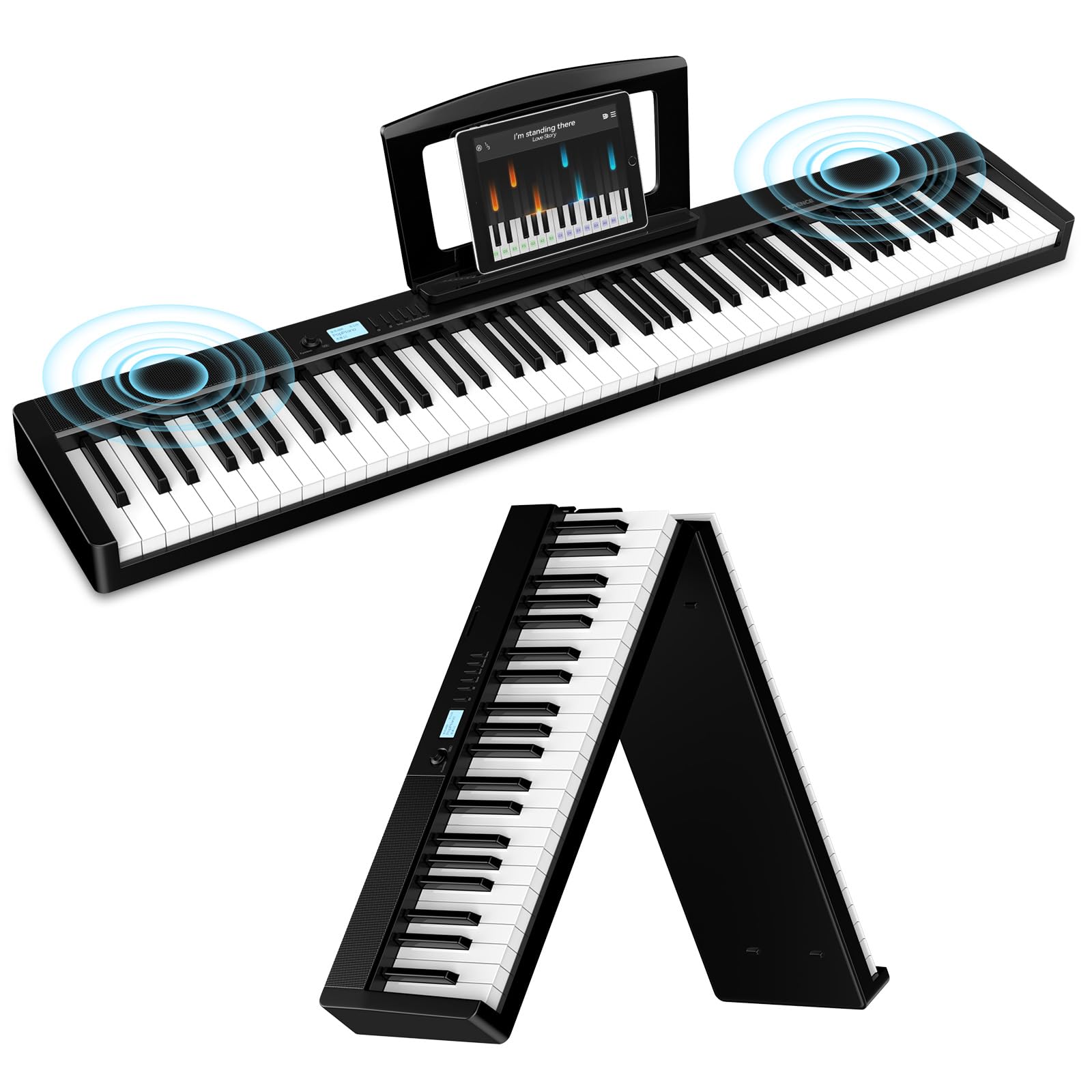 TERENCE Piano numérique, 88 touches lestées, batterie 1800 mAh, Haut - parleur 2 * 5W, pliable et portable, support Bluetooth et interface midi Noir